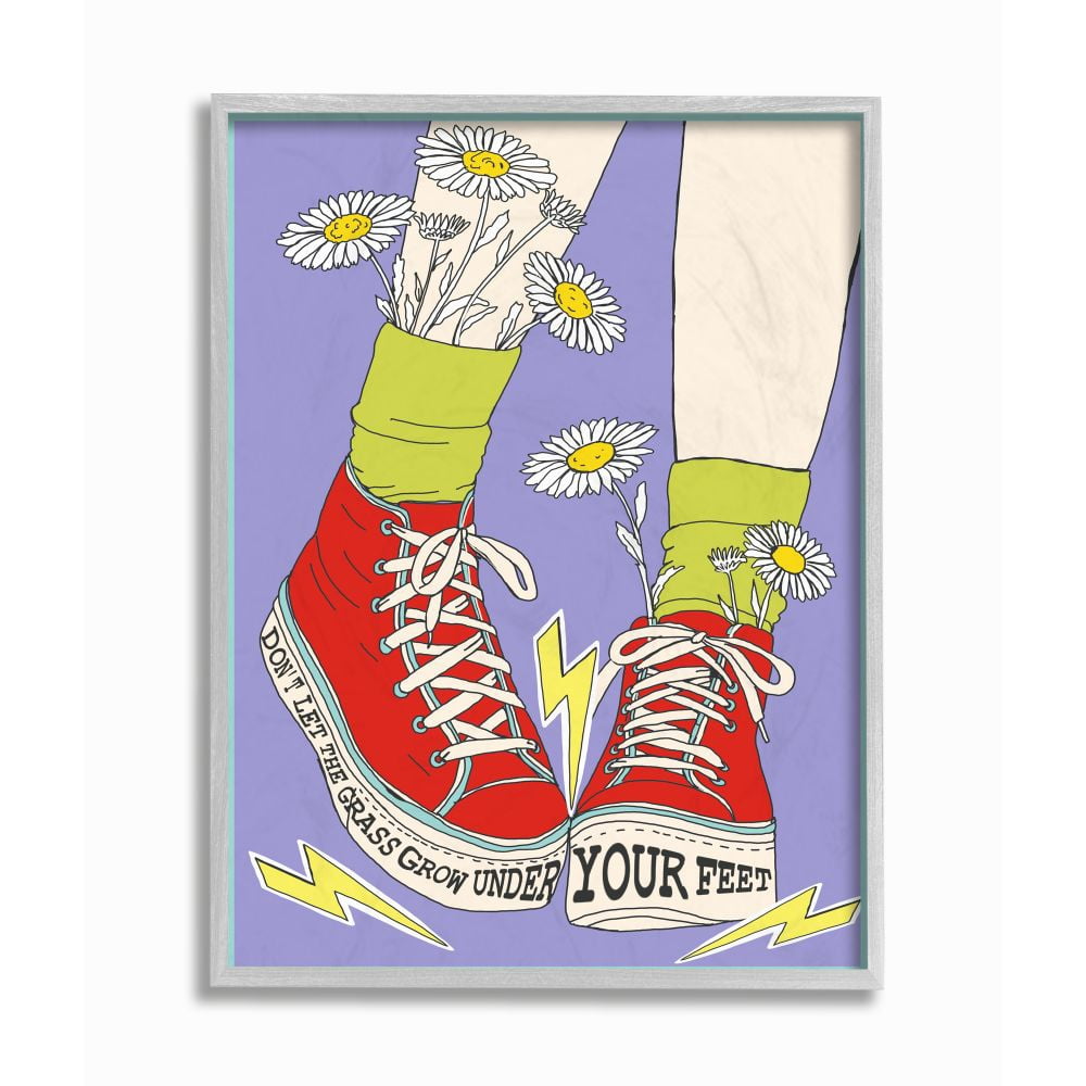 Stupell Industries Don’t Let Grass Grow Under Your Feet Shoes Fashion Quote Framed Wall Art Design by Sangita Bachelet, 16" x 20", Gray Framed
