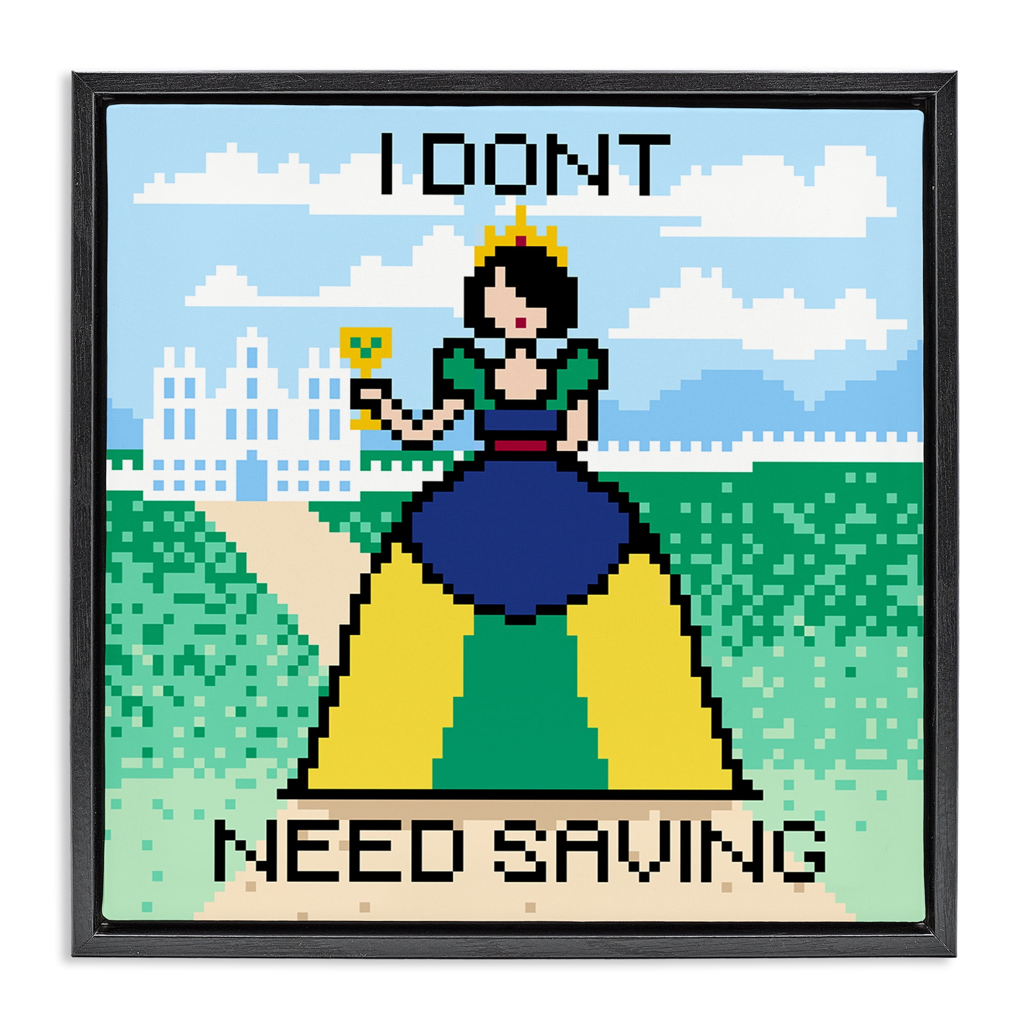 Stupell Industries Don't Need Saving Pixel Princess People Painting Black Floater Framed Canvas Art Print Wall Art, 18 x 18