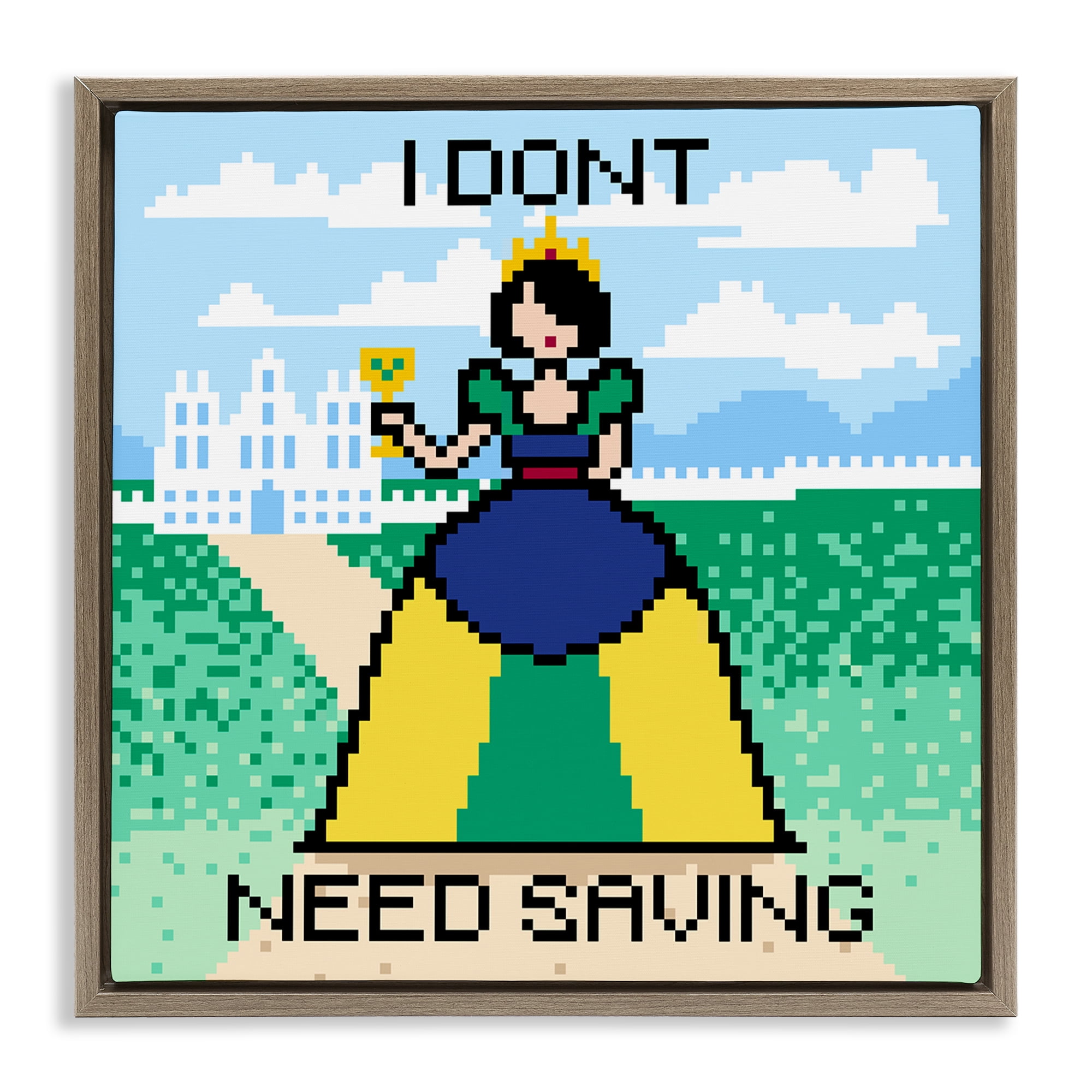 Stupell Industries Don't Need Saving Pixel Princess People Painting Brown Floater Framed Canvas Art Print Wall Art, 18 x 18