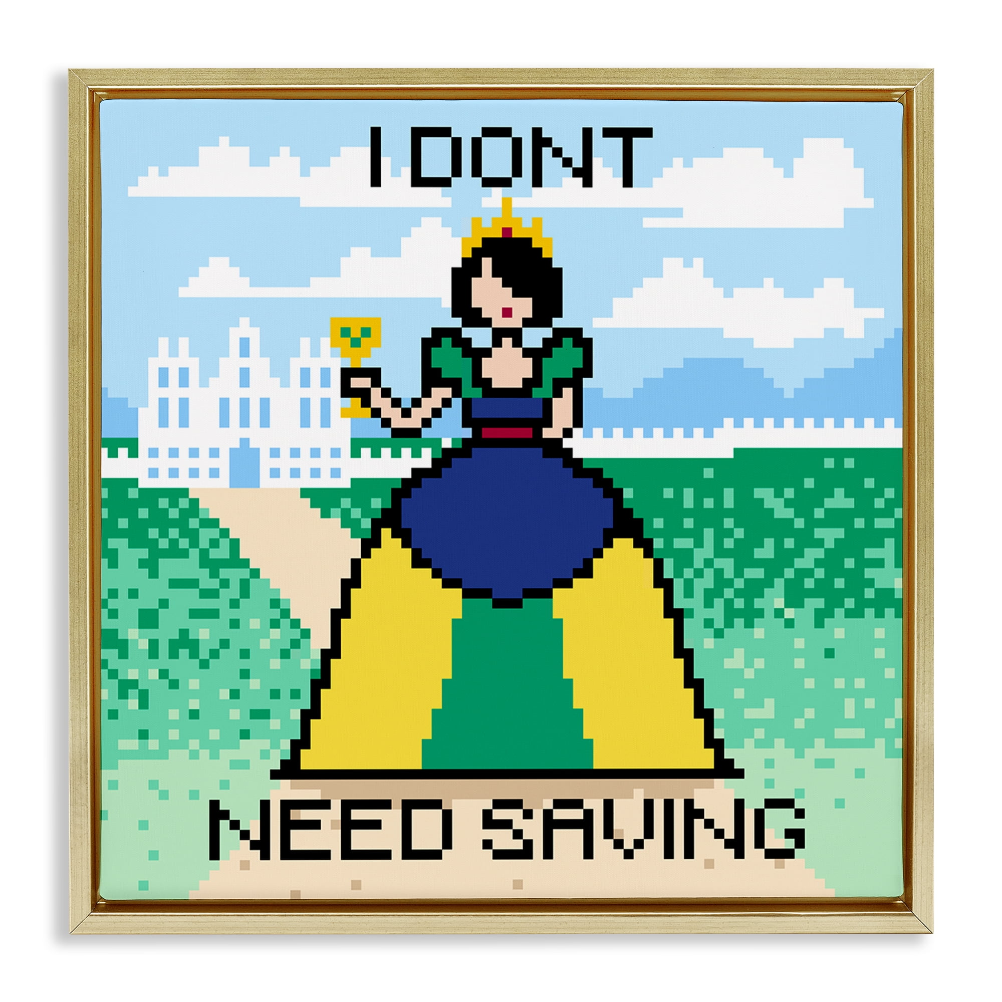 Stupell Industries Don't Need Saving Pixel Princess People Painting Gold Floater Framed Canvas Art Print Wall Art, 18 x 18