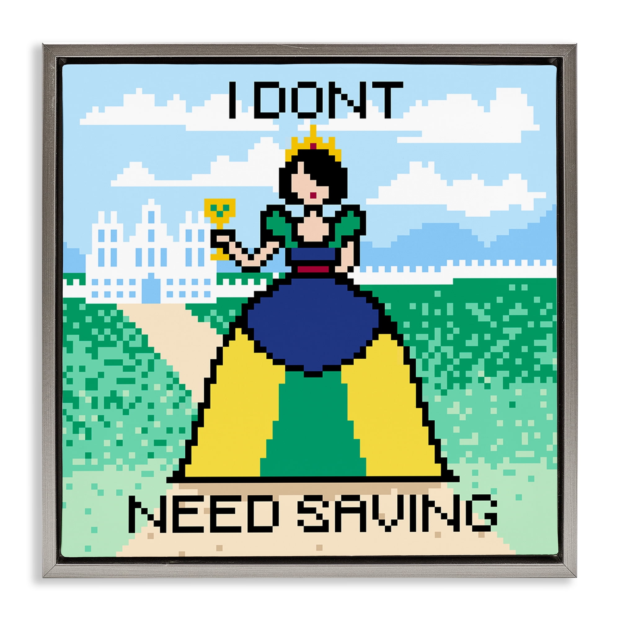 Stupell Industries Don't Need Saving Pixel Princess People Painting Gray Floater Framed Canvas Art Print Wall Art, 25 x 25