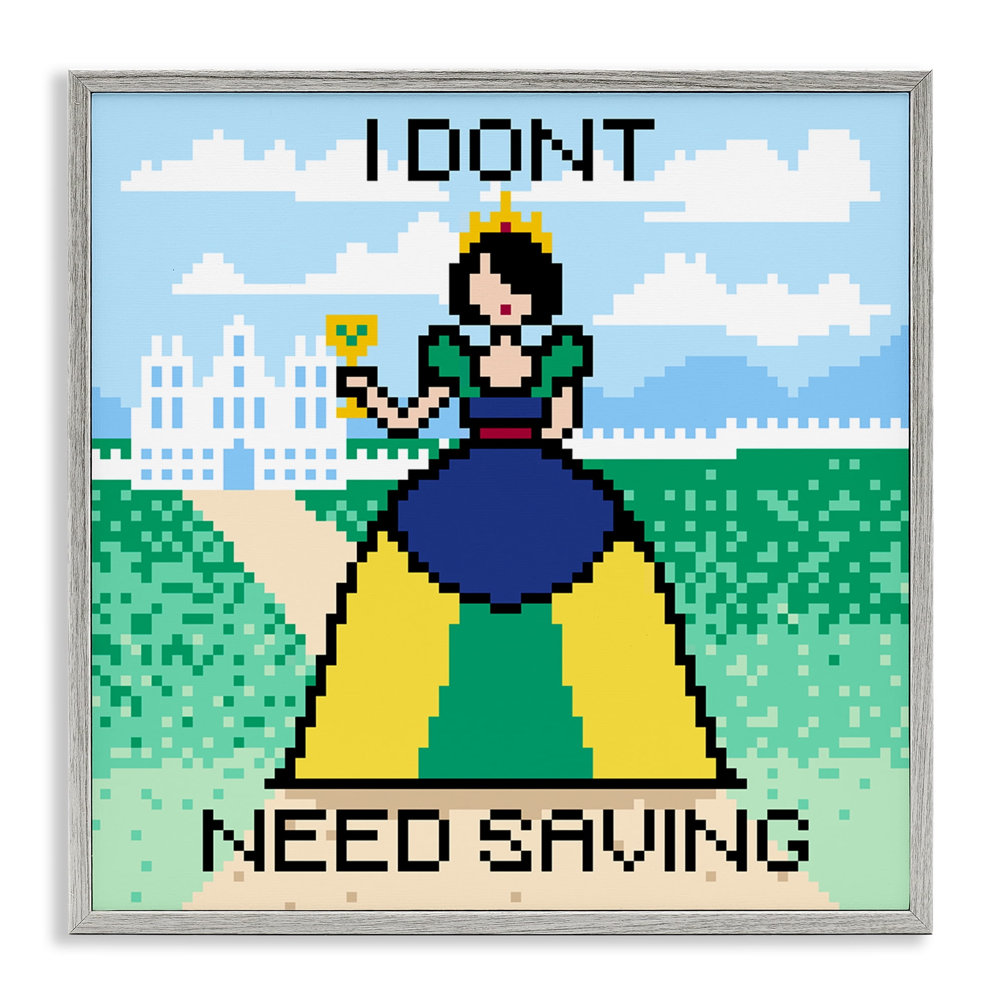 Stupell Industries Don't Need Saving Pixel Princess People Painting Gray Framed Art Print Wall Art, 12 x 12