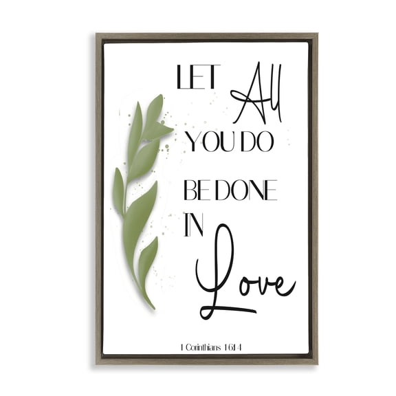 Stupell Industries Done In Love Proverb Spiritual Painting Brown Floater Framed Canvas Art Print Wall Art, 17 x 25