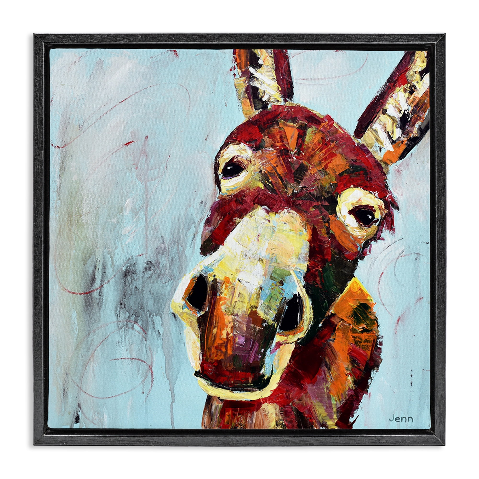 Stupell Industries Donkey Face Blue Background Animals & Insects Painting Black Floater Framed Canvas Art Print Wall Art, 18 x 18
