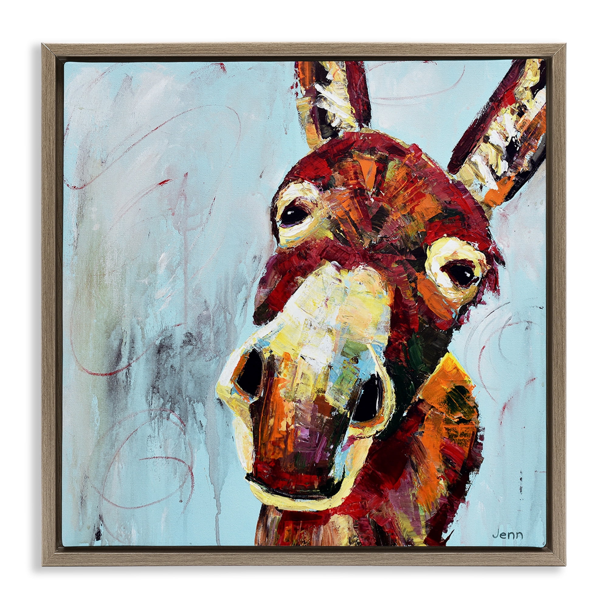 Stupell Industries Donkey Face Blue Background Animals & Insects Painting Brown Floater Framed Canvas Art Print Wall Art, 18 x 18