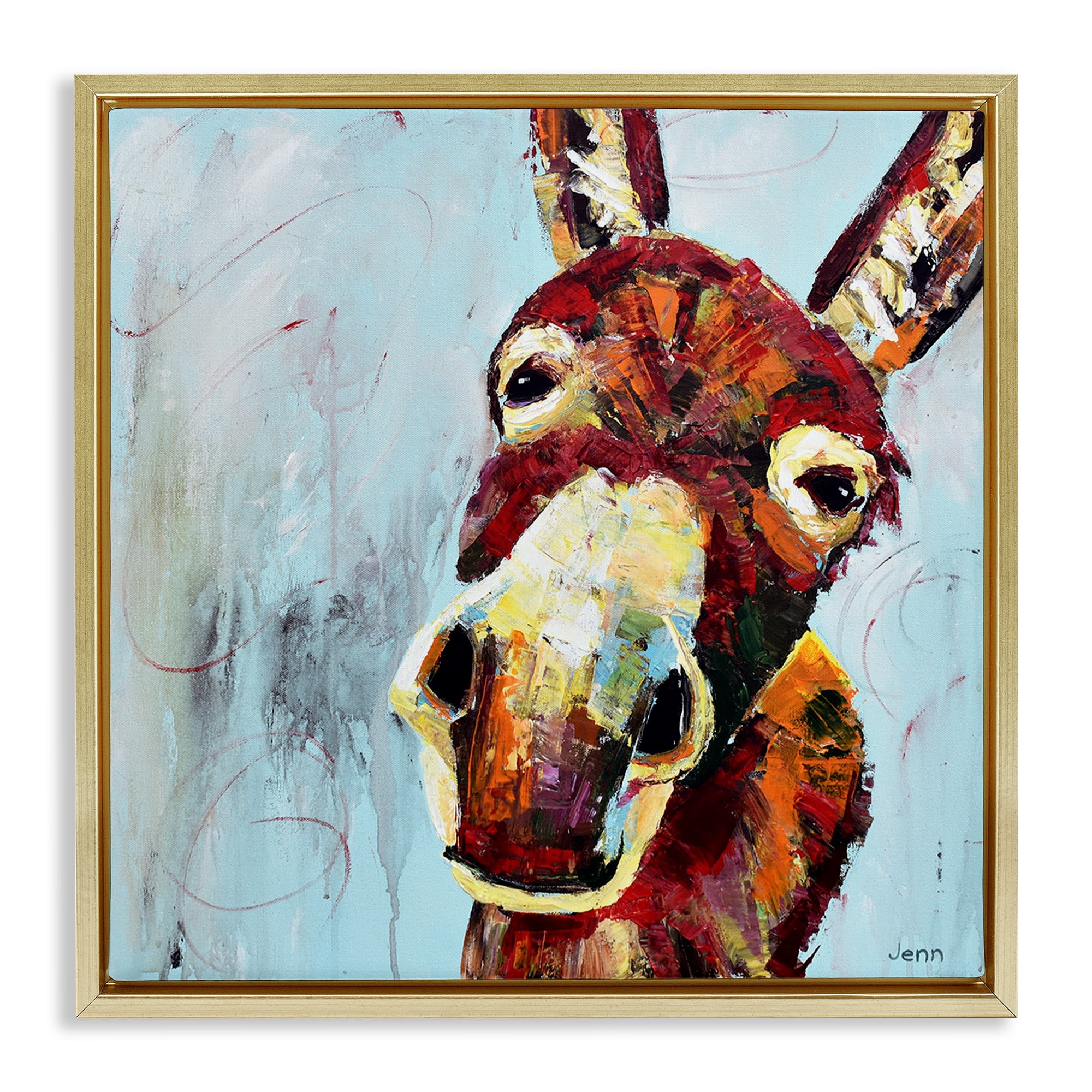 Stupell Industries Donkey Face Blue Background Animals & Insects Painting Gold Floater Framed Canvas Art Print Wall Art, 18 x 18