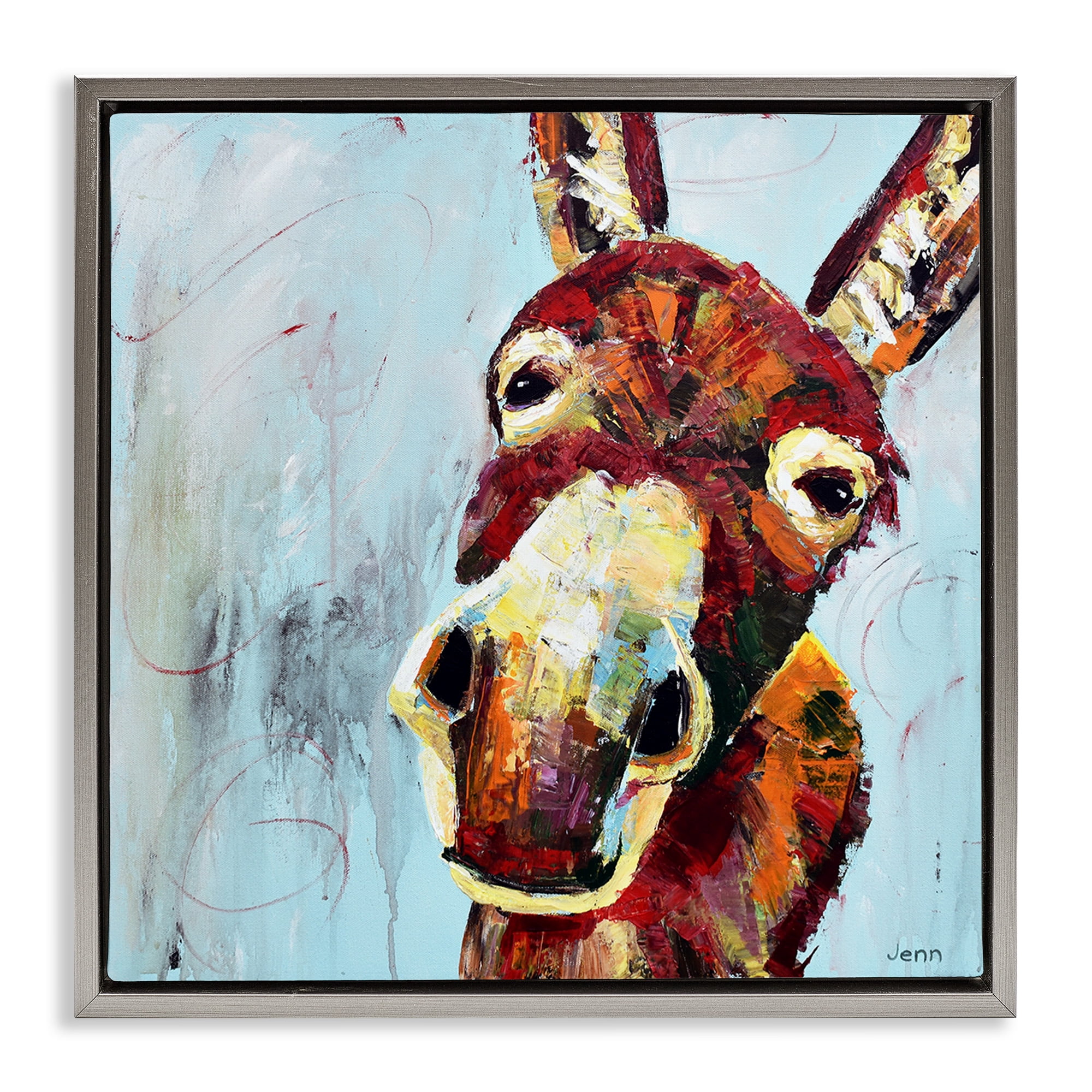 Stupell Industries Donkey Face Blue Background Animals & Insects Painting Gray Floater Framed Canvas Art Print Wall Art, 25 x 25