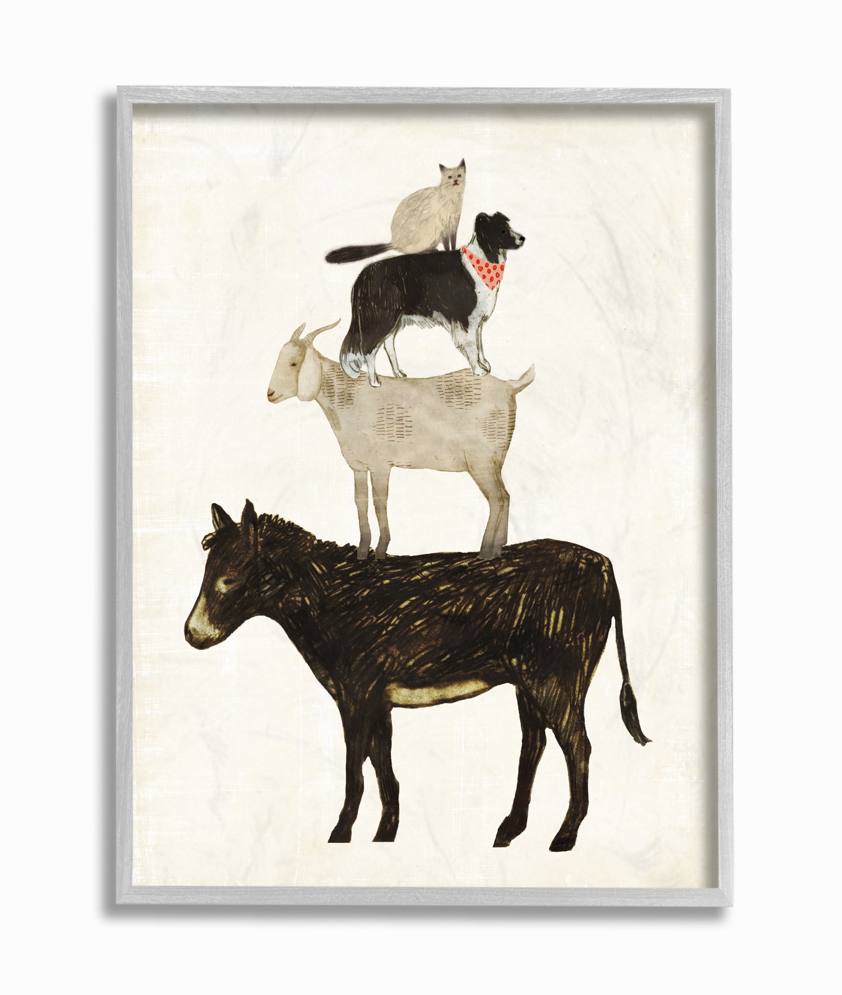 Stupell Industries Donkey Goat Dog and Cat Barnyard Friends Stacked Farm Animals Framed Wall Art by Victoria Borges