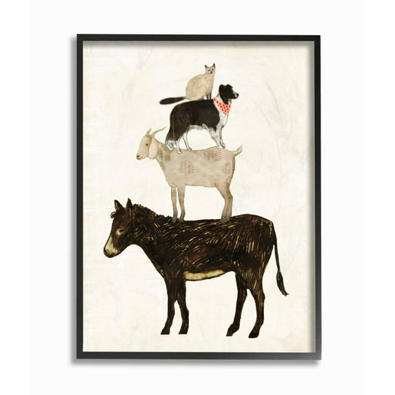 Stupell Industries Donkey Goat Dog and Cat Barnyard Friends Stacked Farm Animals Framed Wall Art by Victoria Borges