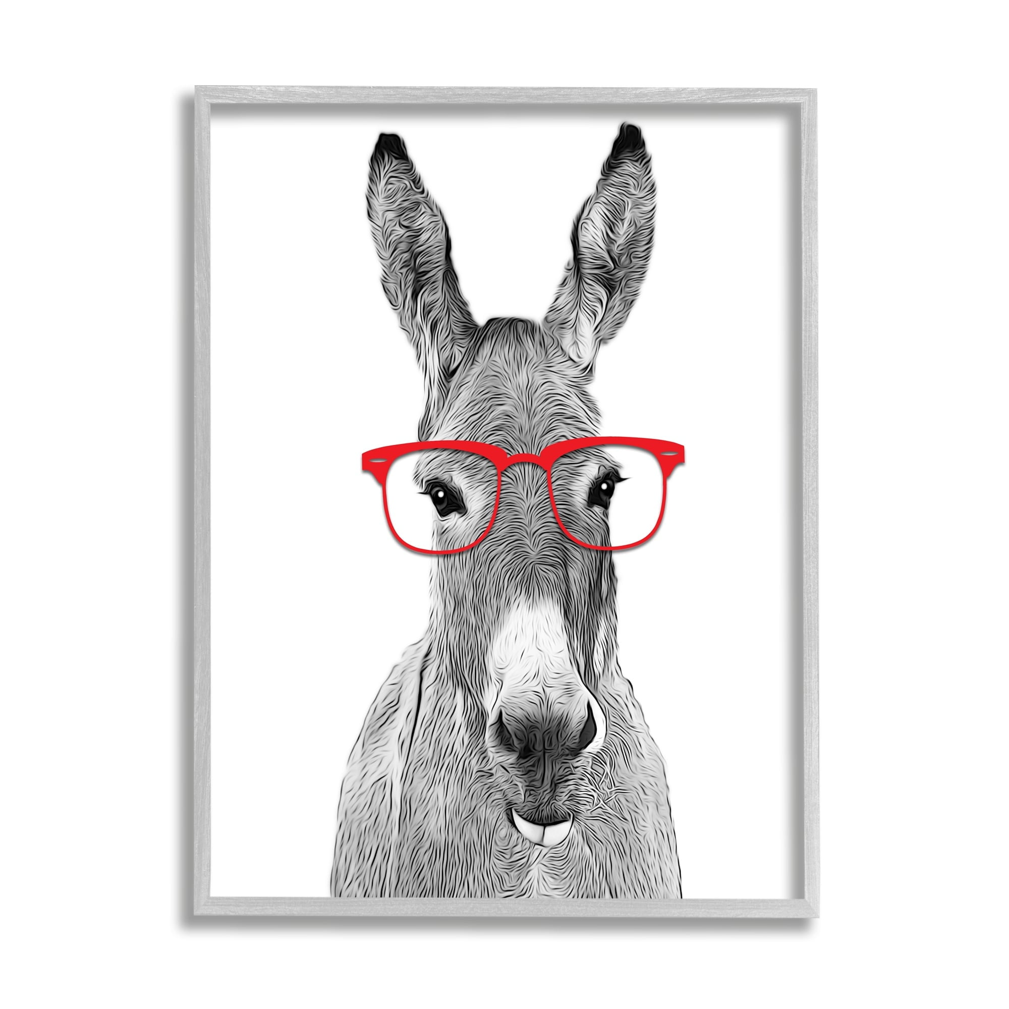 Stupell Industries Donkey In Red Eyeglasses Animal Animals & Insects Painting Gray Framed Art Print Wall Art