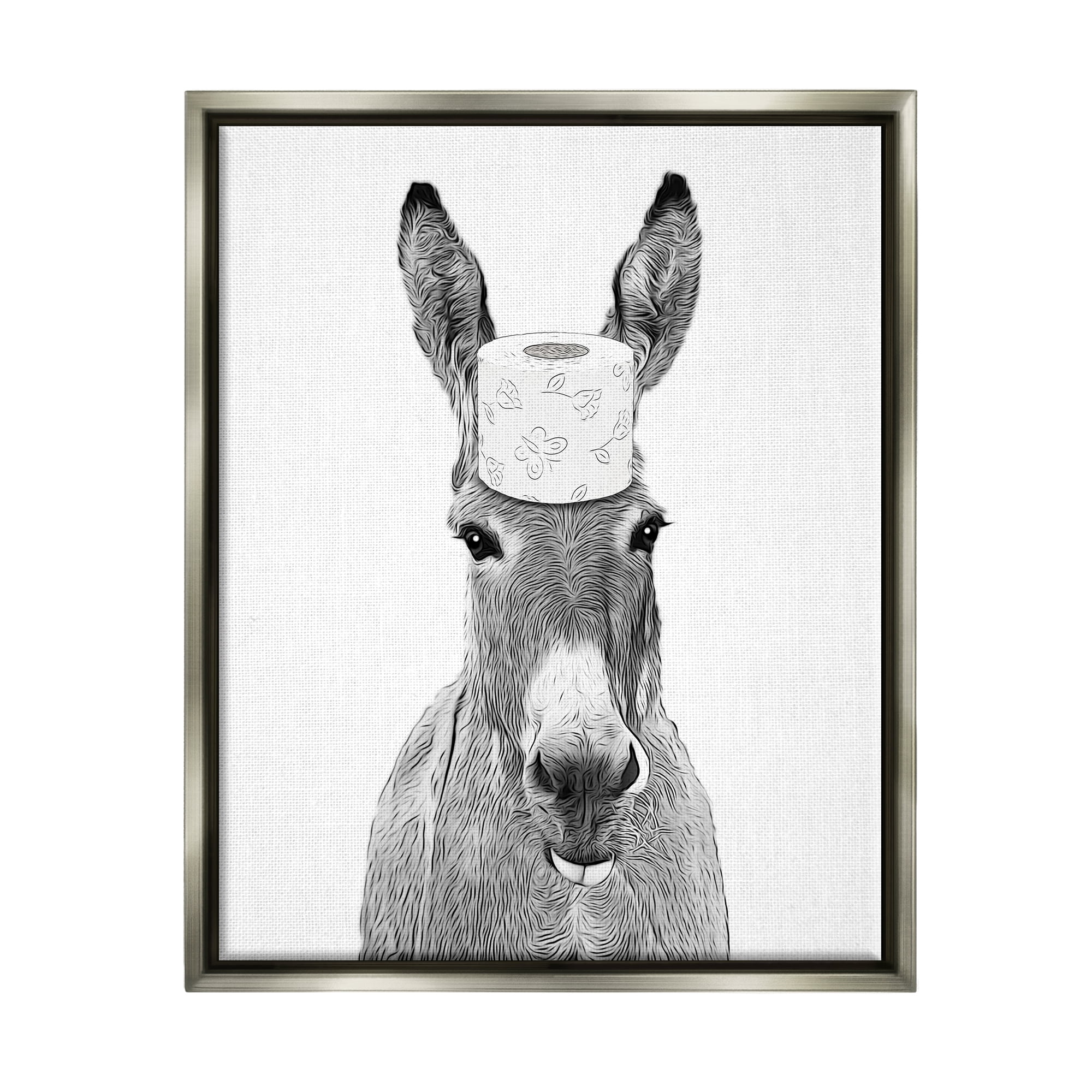 Stupell Industries Donkey Toilet Paper Funny Bathroom Animals & Insects Painting Gray Floater Framed Art Print Wall Art