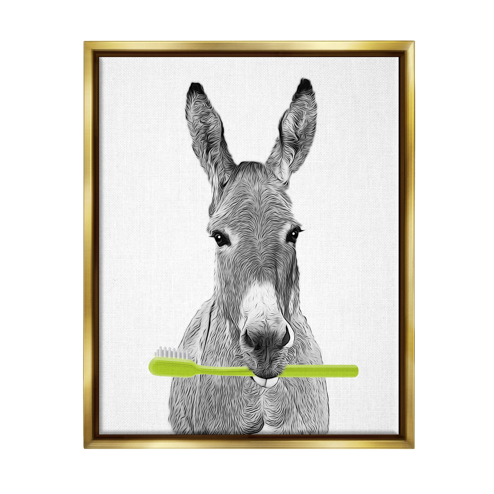 Stupell Industries Donkey Toothbrush Funny Animal Animals & Insects Painting Gold Floater Framed Art Print Wall Art
