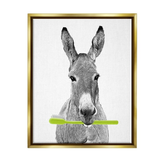 Stupell Industries Donkey Toothbrush Funny Animal Animals & Insects Painting Gold Floater Framed Art Print Wall Art