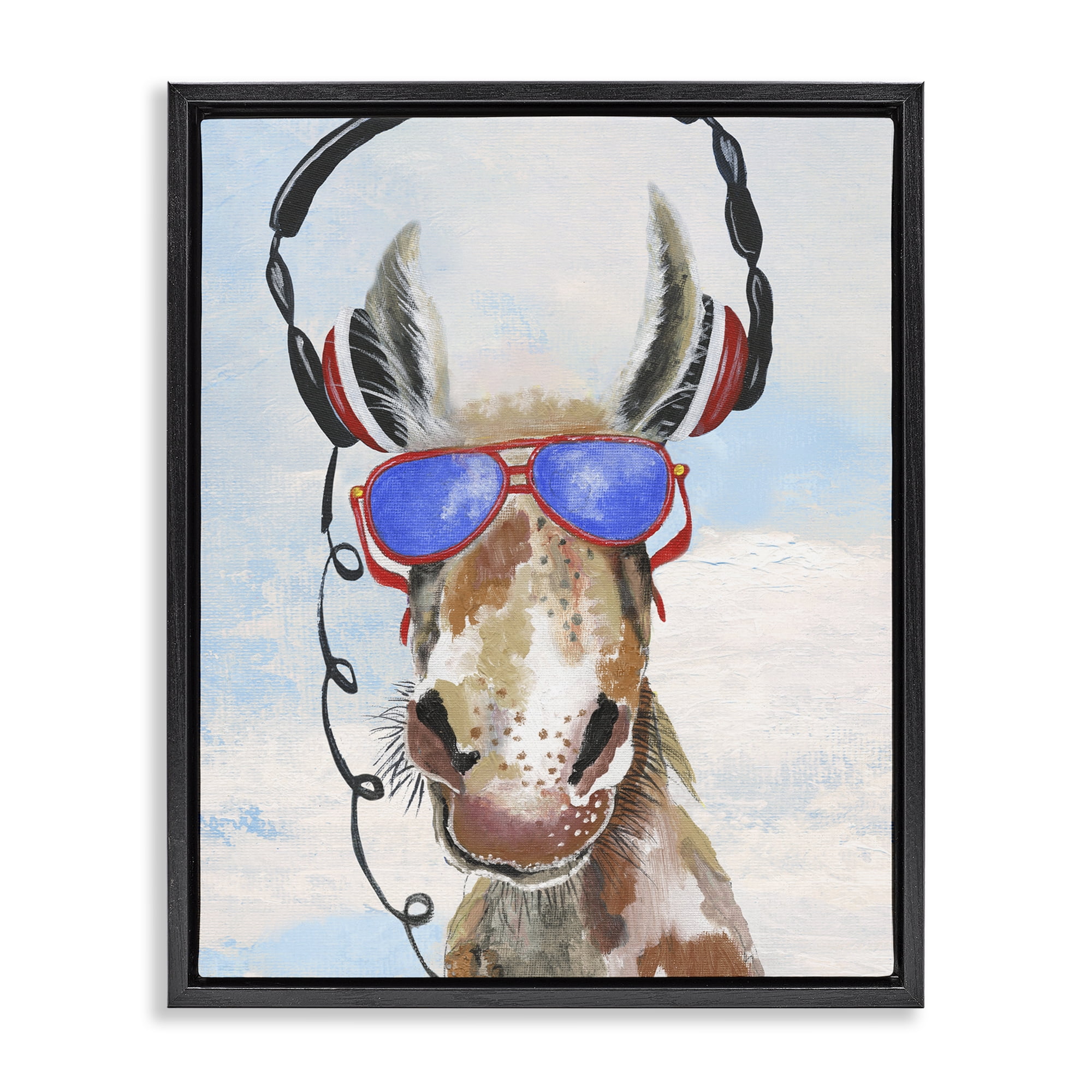 Stupell Industries Donkey Wearing Headphones Black Framed Floater Canvas Wall Art, design by Janet Tava