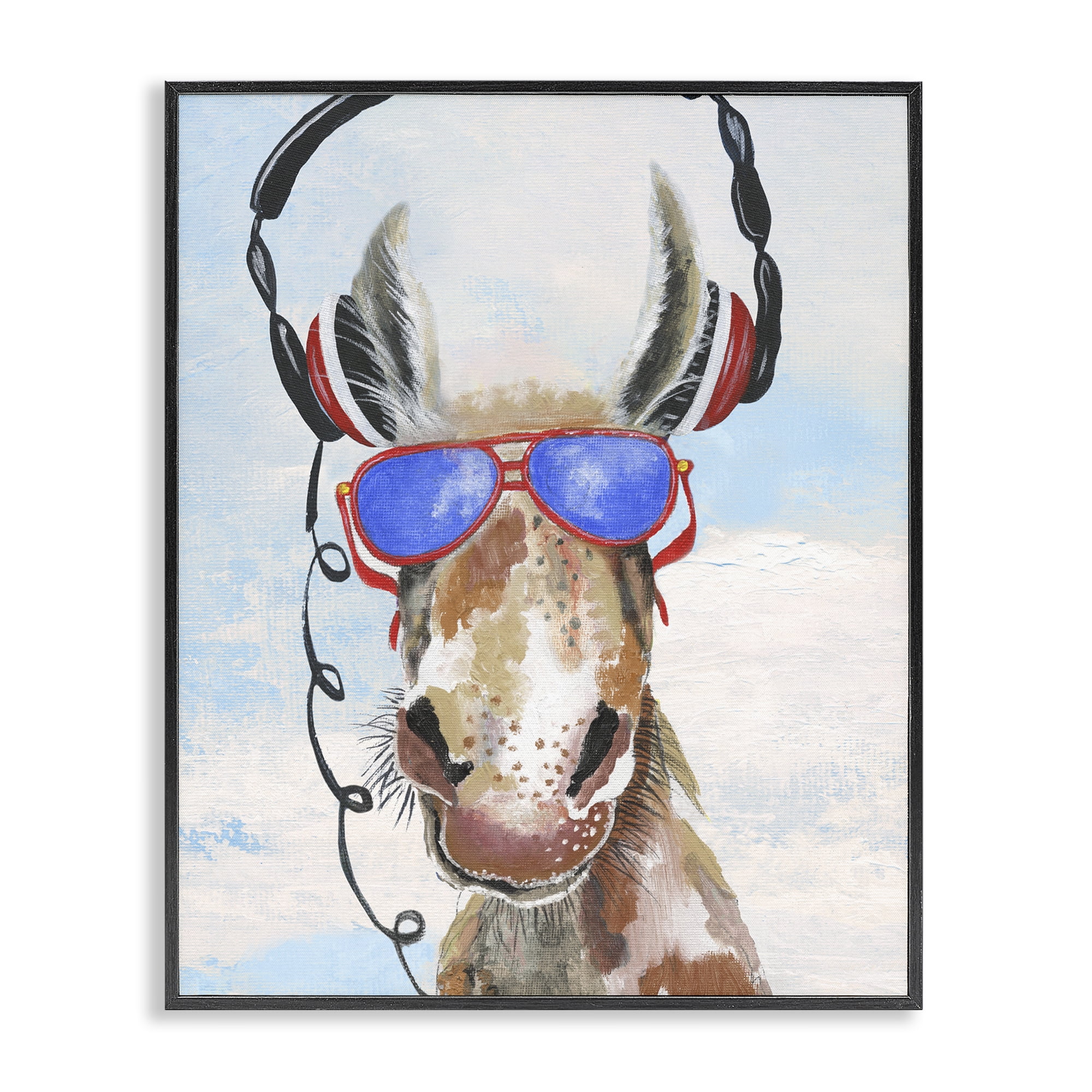 Stupell Industries Donkey Wearing Headphones Black Framed Giclee Art, design by Janet Tava
