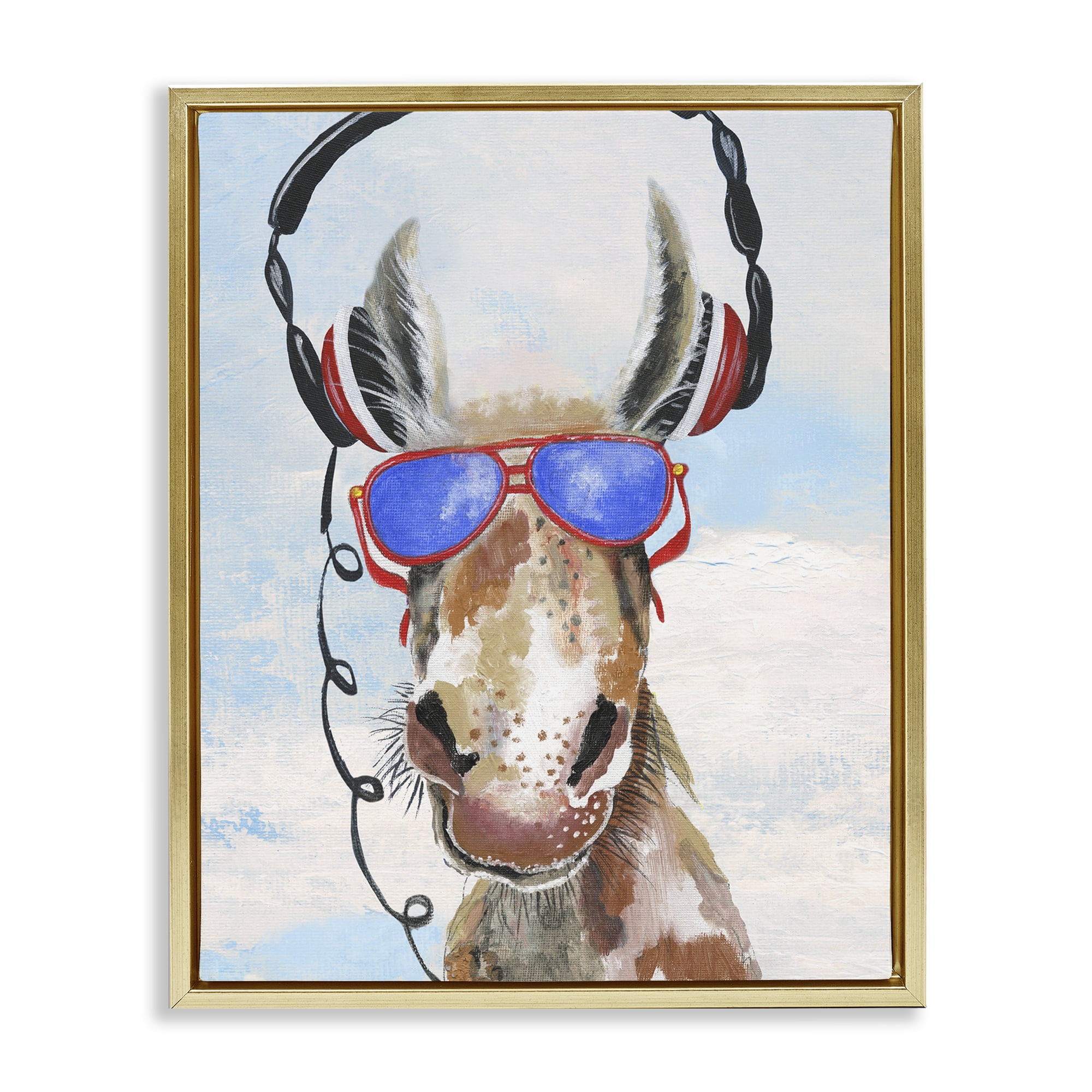 Stupell Industries Donkey Wearing Headphones Gold Framed Floater Canvas Wall Art, design by Janet Tava