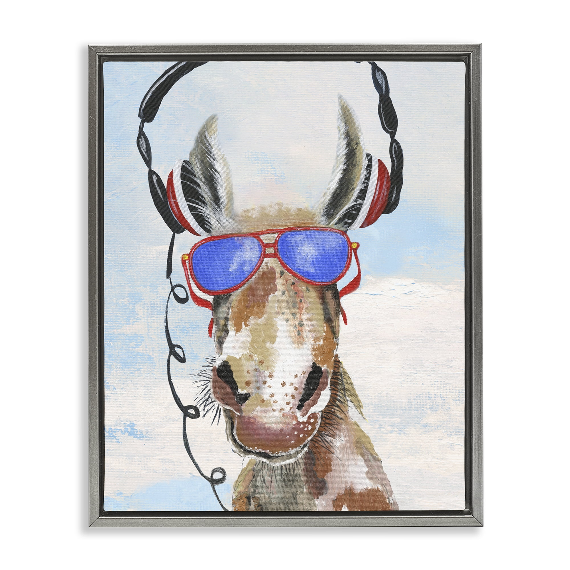 Stupell Industries Donkey Wearing Headphones Gray Framed Floater Canvas Wall Art, design by Janet Tava