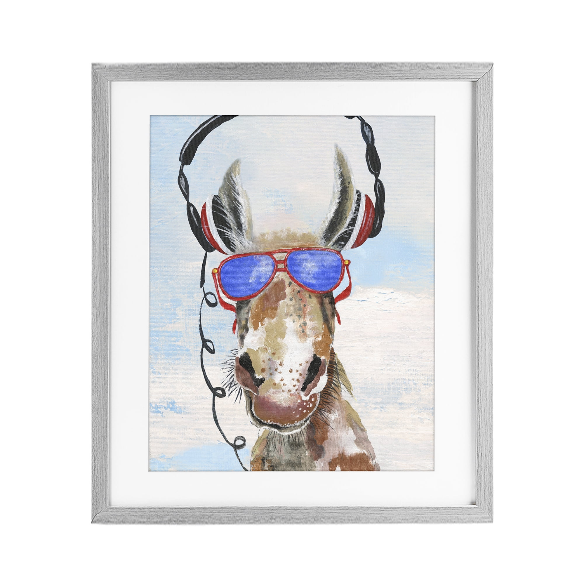 Stupell Industries Donkey Wearing Headphones Gray Framed Print Under Glass, design by Janet Tava