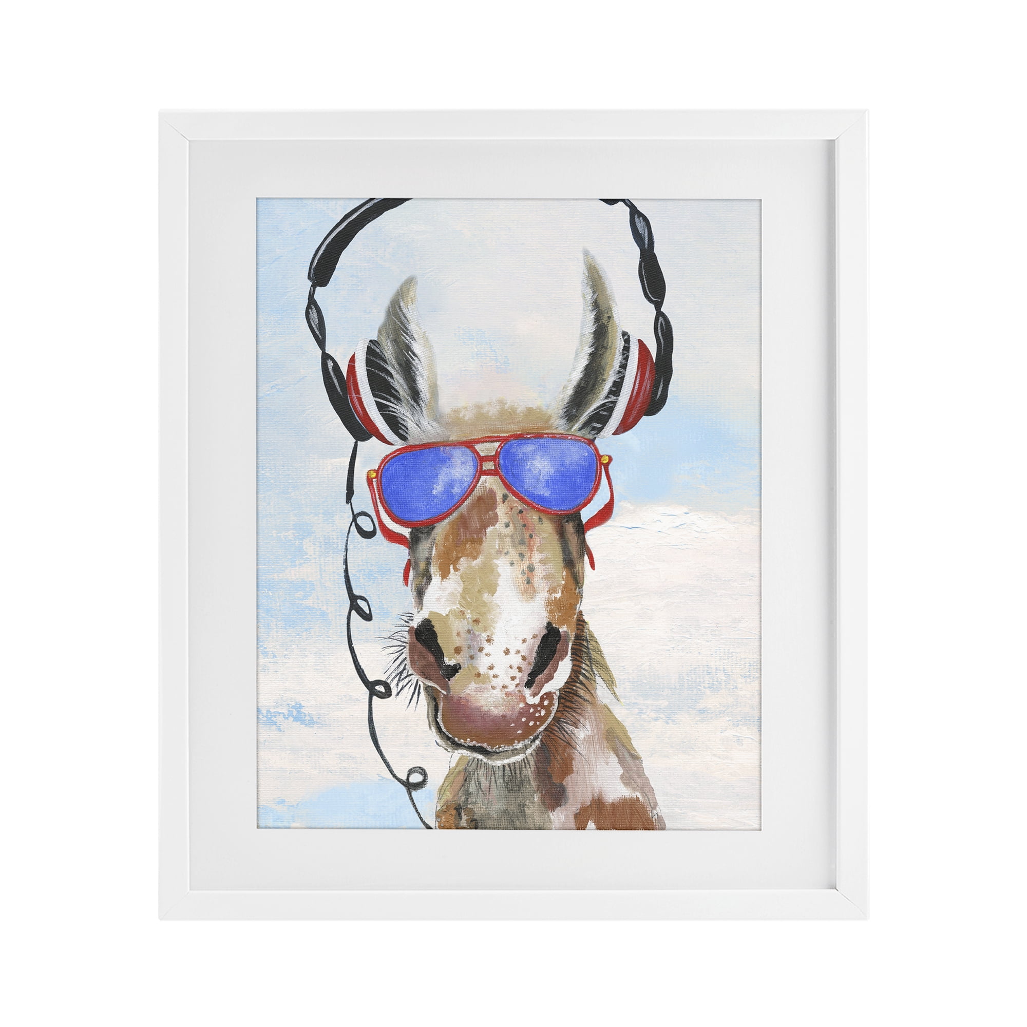 Stupell Industries Donkey Wearing Headphones White Framed Print Under Glass, design by Janet Tava