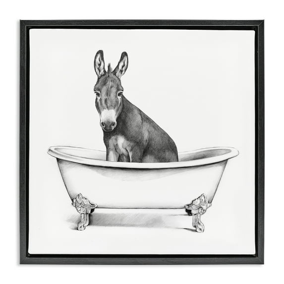 Stupell Industries Donkey in Bathtub Sketch Animals & Insects Drawing Black Floater Framed Canvas Art Print Wall Art, 25 x 25