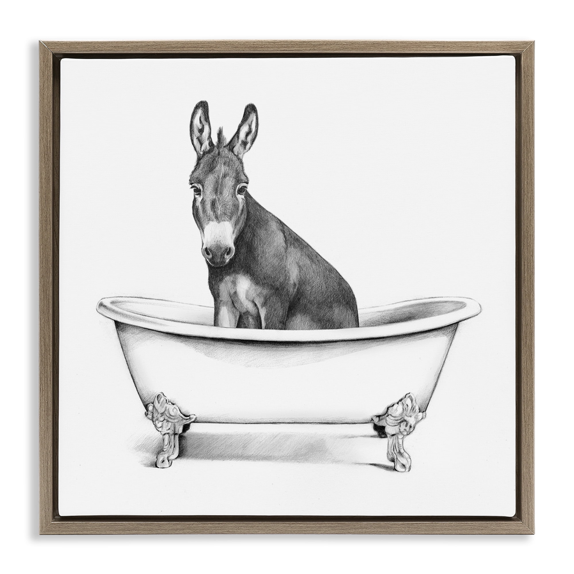 Stupell Industries Donkey in Bathtub Sketch Animals & Insects Drawing Brown Floater Framed Canvas Art Print Wall Art, 25 x 25