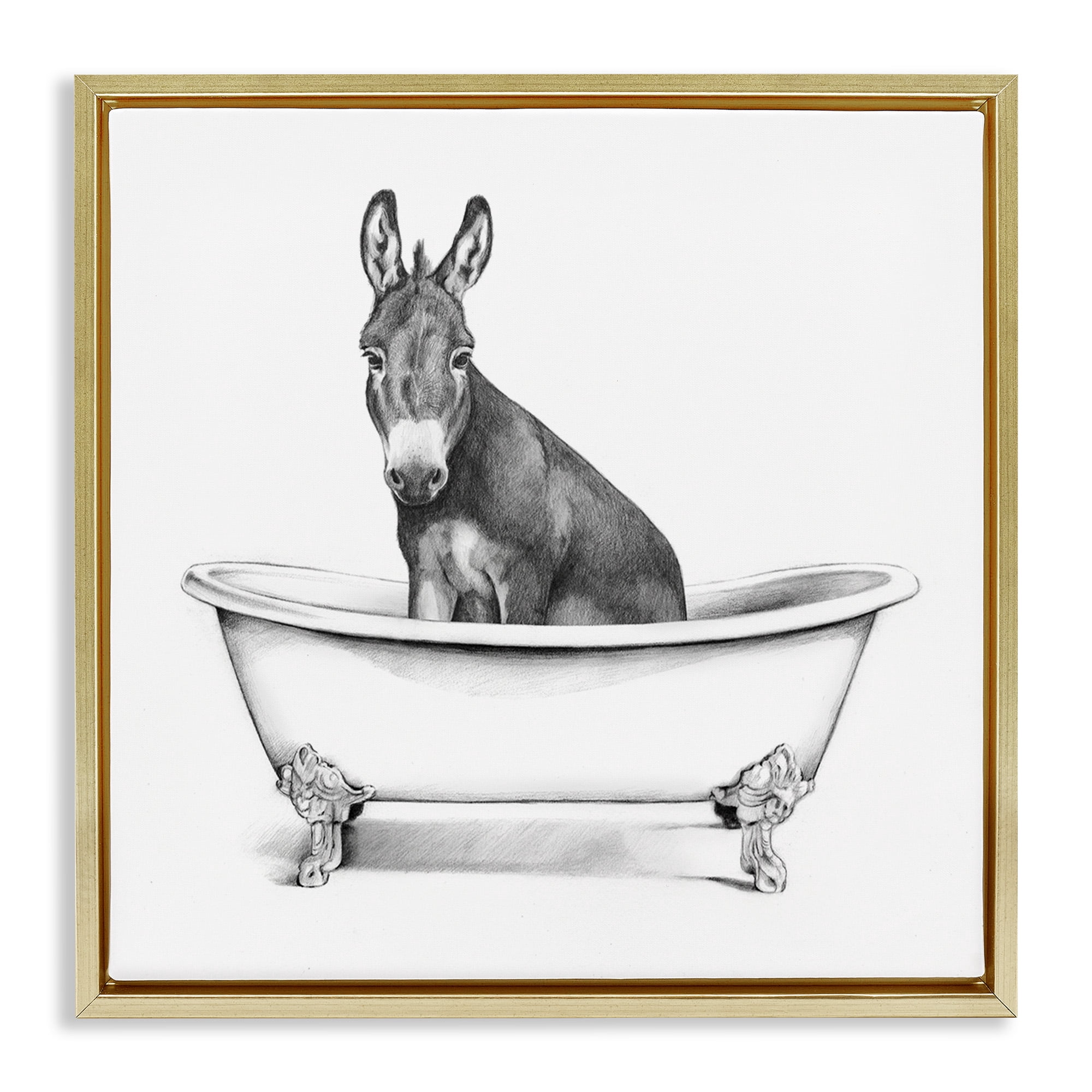 Stupell Industries Donkey in Bathtub Sketch Animals & Insects Drawing Gold Floater Framed Canvas Art Print Wall Art, 18 x 18