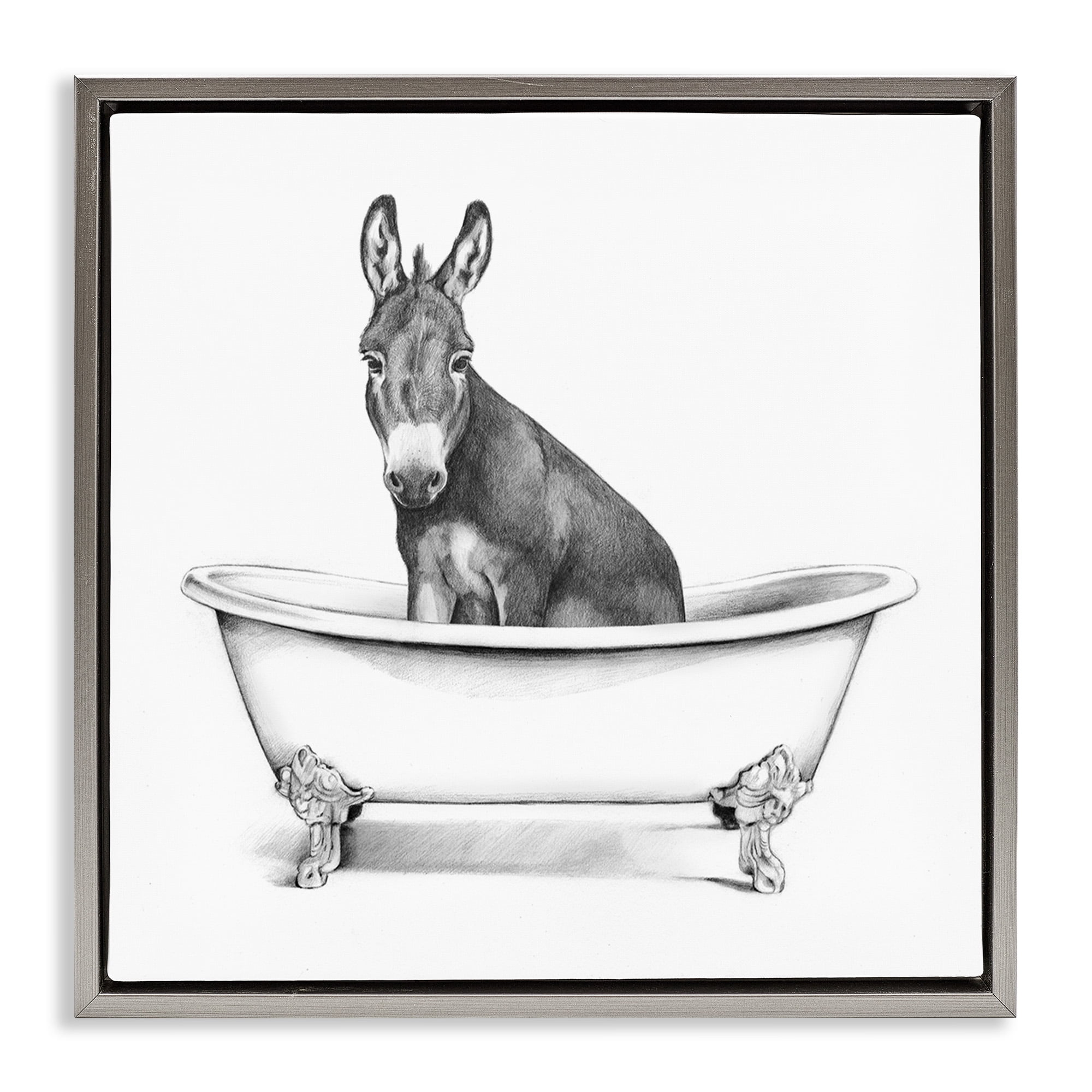 Stupell Industries Donkey in Bathtub Sketch Animals & Insects Drawing Gray Floater Framed Canvas Art Print Wall Art, 18 x 18
