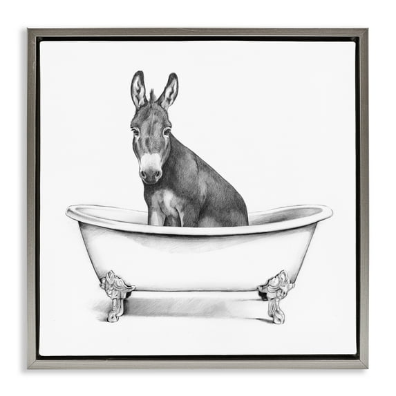 Stupell Industries Donkey in Bathtub Sketch Animals & Insects Drawing Gray Floater Framed Canvas Art Print Wall Art, 25 x 25