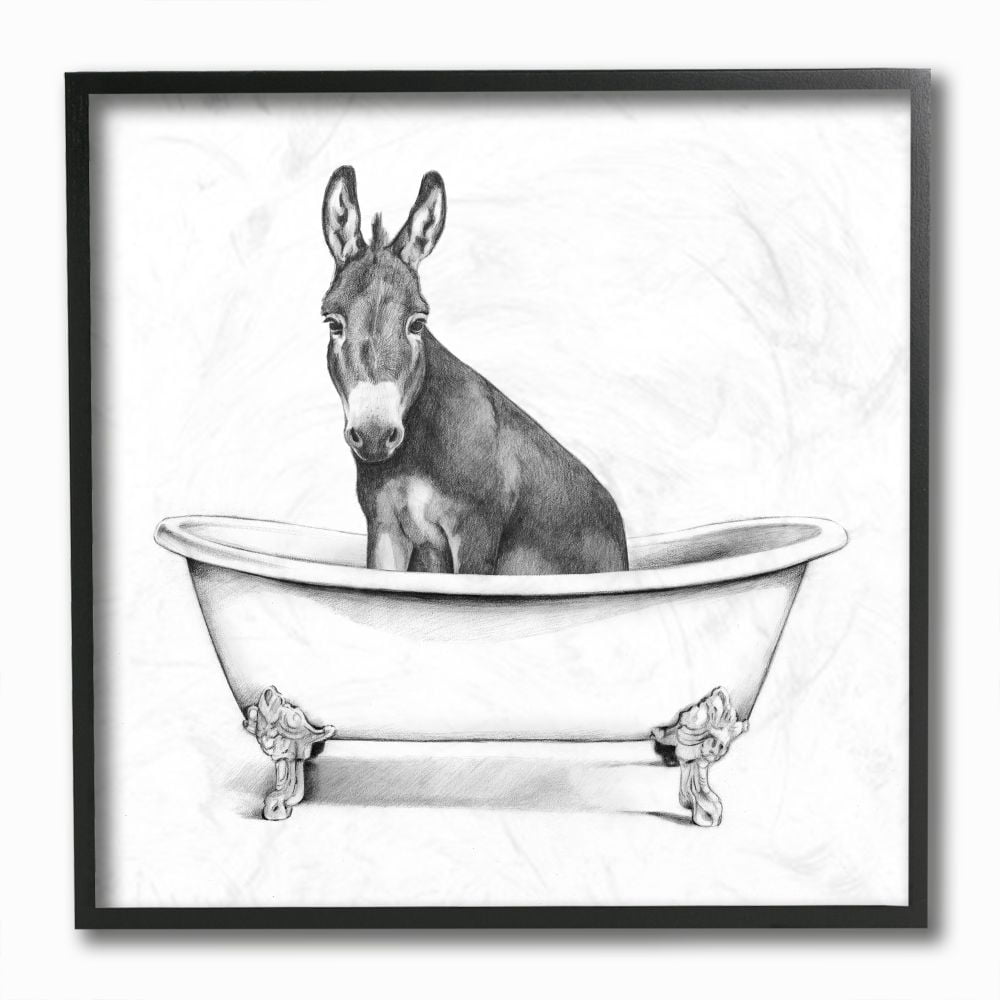 Stupell Industries Donkey in Claw Tub Farm Animal Bathroom Sketch Framed Wall Art Design by Victoria Borges, 12" x 12", Black Framed