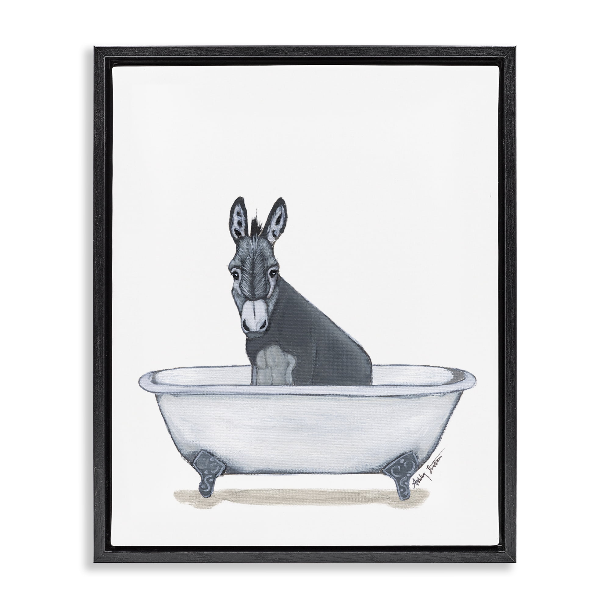 Stupell Industries Donkey in Tub Sketch Bath & Laundry Painting Black Floater Framed Canvas Art Print Wall Art, 25 x 31