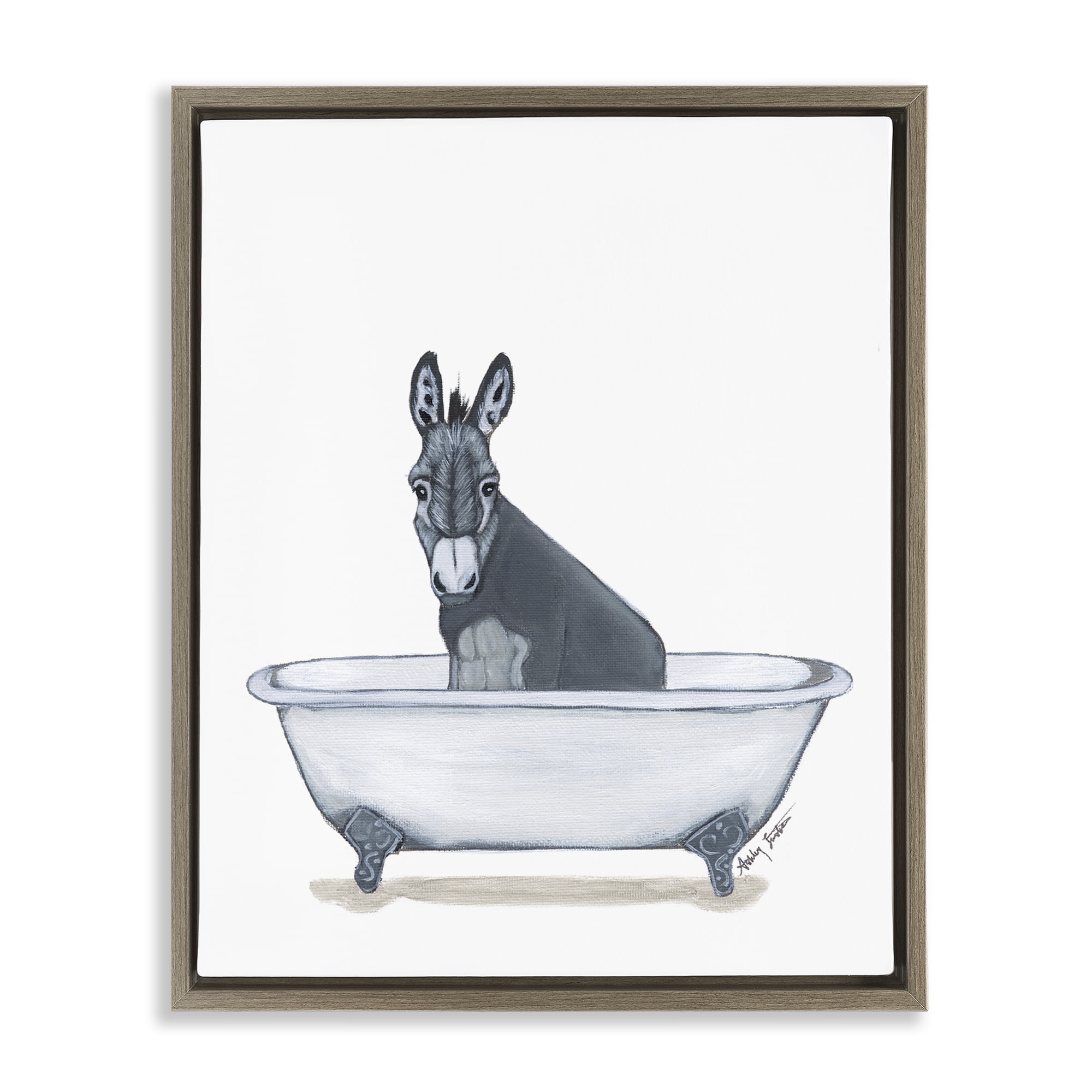Stupell Industries Donkey in Tub Sketch Bath & Laundry Painting Brown Floater Framed Canvas Art Print Wall Art, 17 x 21