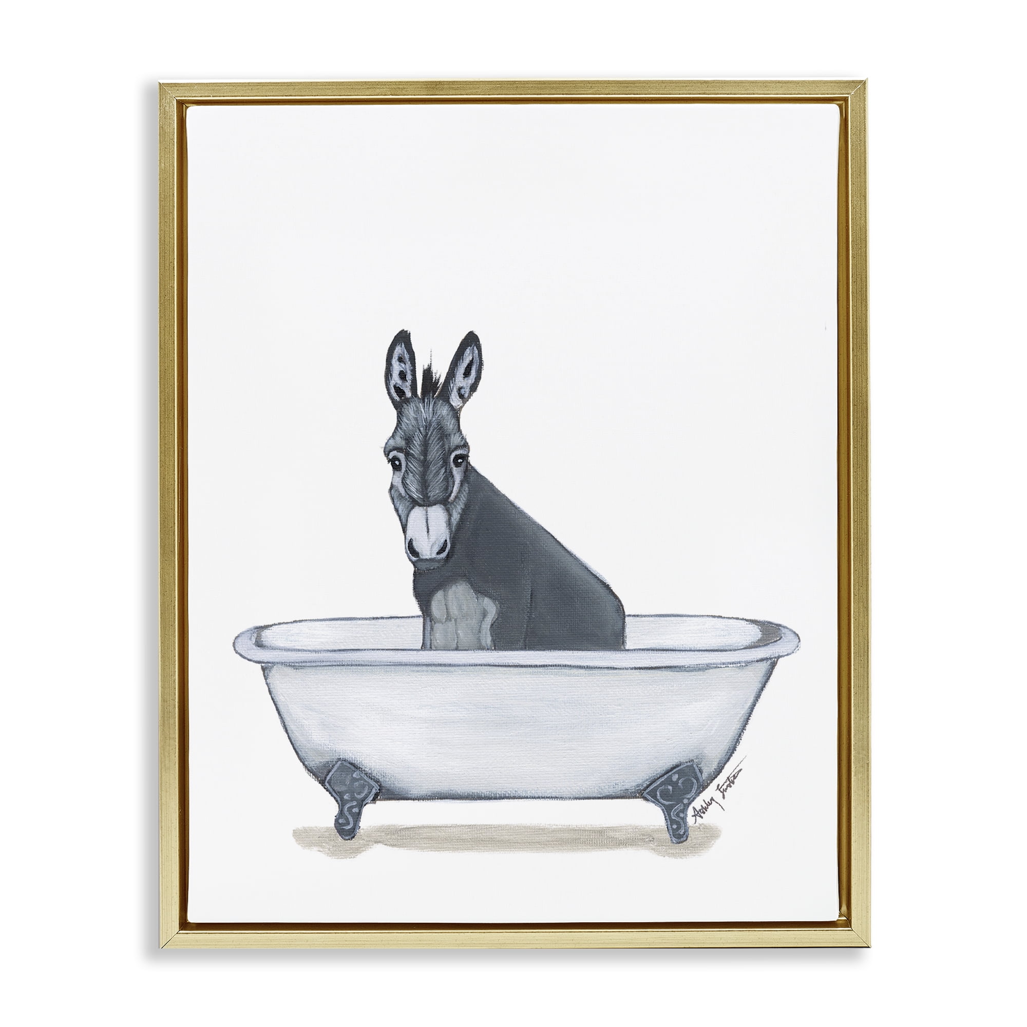 Stupell Industries Donkey in Tub Sketch Bath & Laundry Painting Gold Floater Framed Canvas Art Print Wall Art, 25 x 31