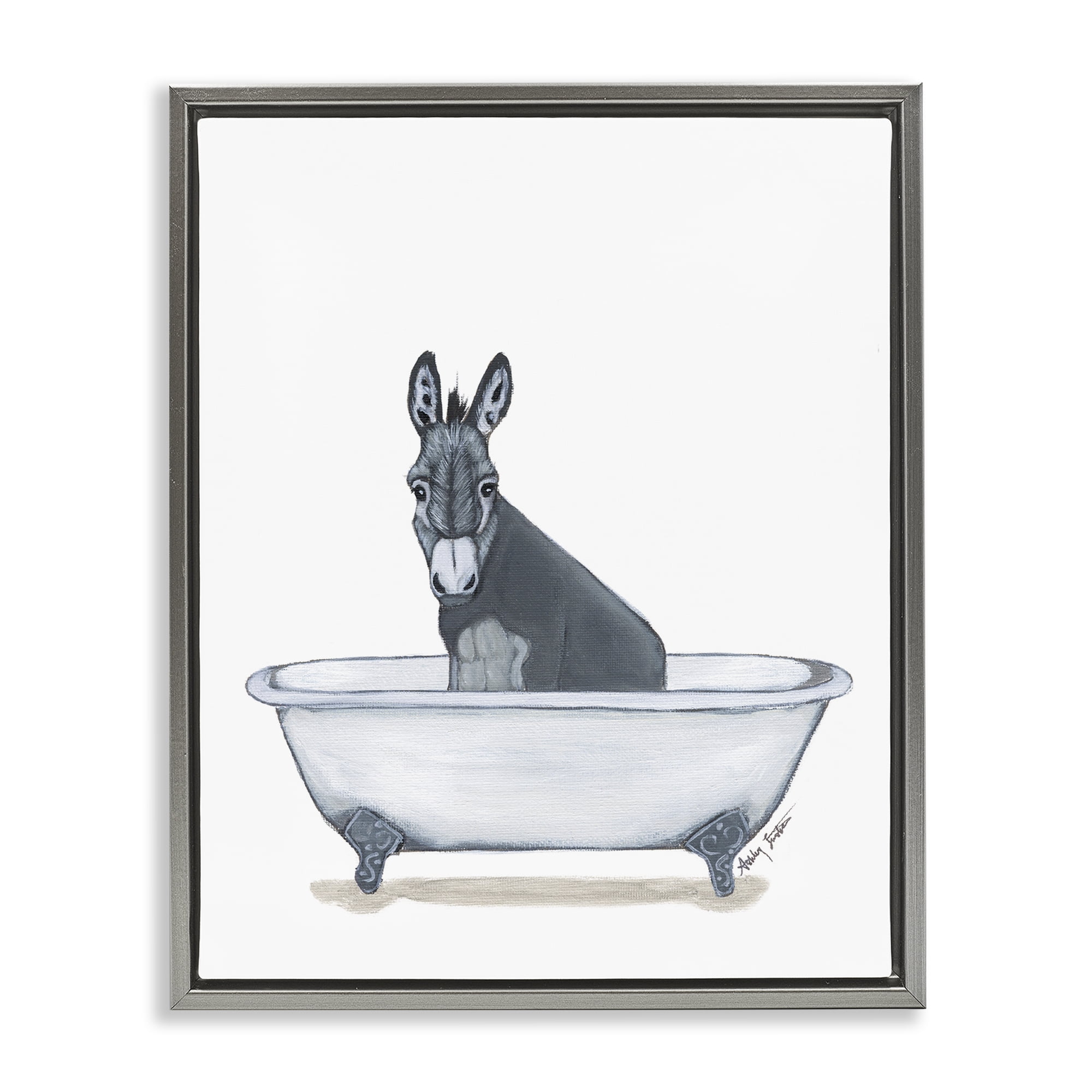 Stupell Industries Donkey in Tub Sketch Bath & Laundry Painting Gray Floater Framed Canvas Art Print Wall Art, 25 x 31