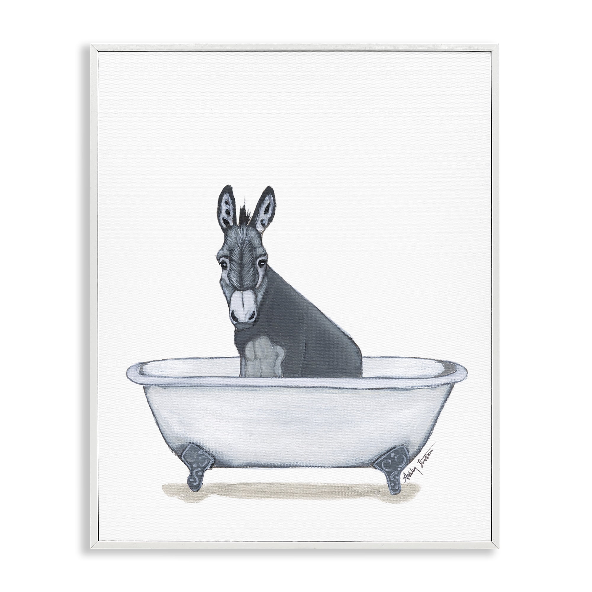 Stupell Industries Donkey in Tub Sketch Bath & Laundry Painting White Framed Art Print Wall Art, 16 x 20