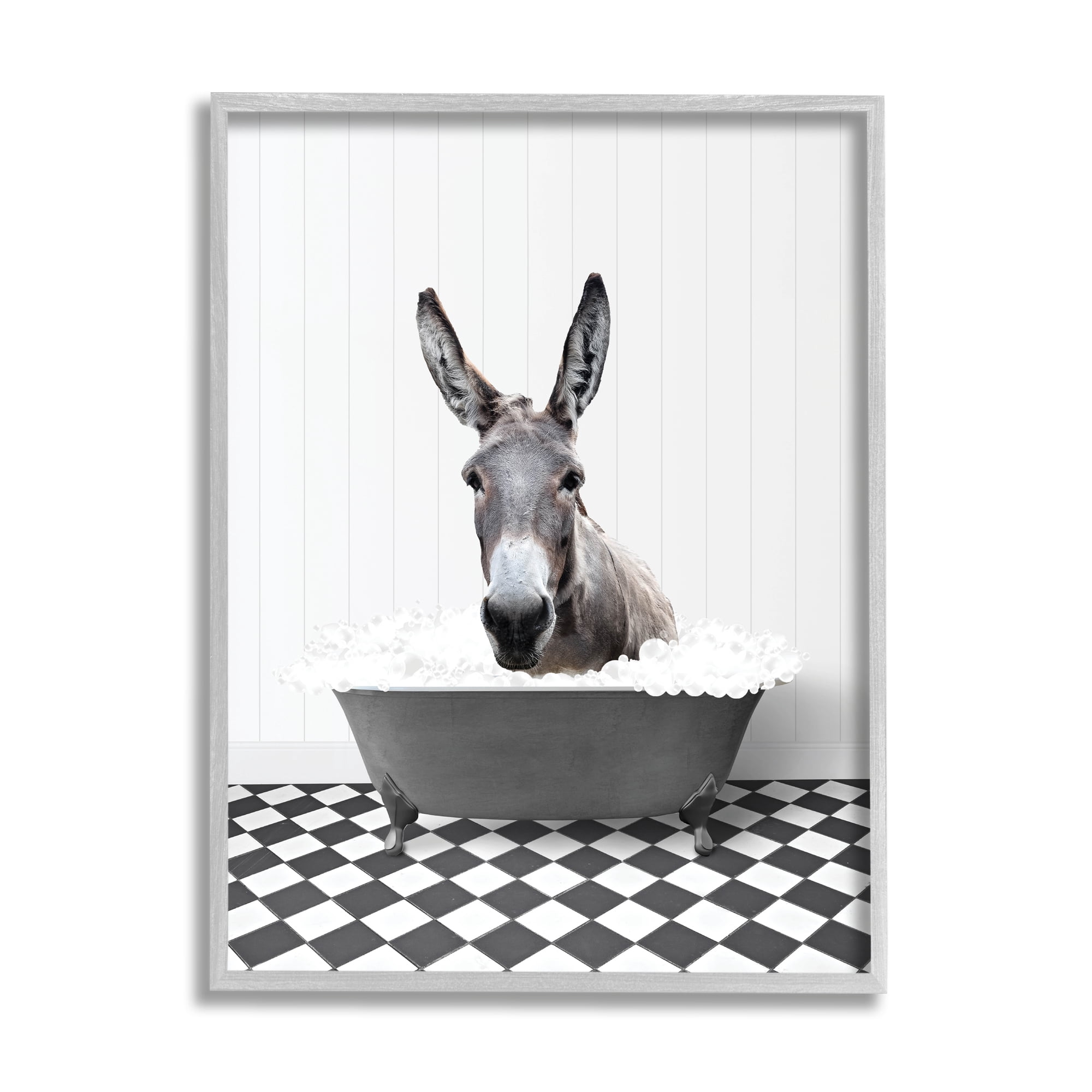 Stupell Industries Donkey in Vintage Bath Animals & Insects Painting Gray Framed Art Print Wall Art, 11 x 14