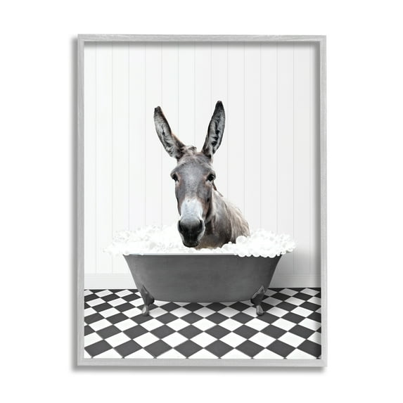 Stupell Industries Donkey in Vintage Bath Animals & Insects Painting Gray Framed Art Print Wall Art, 24 x 30