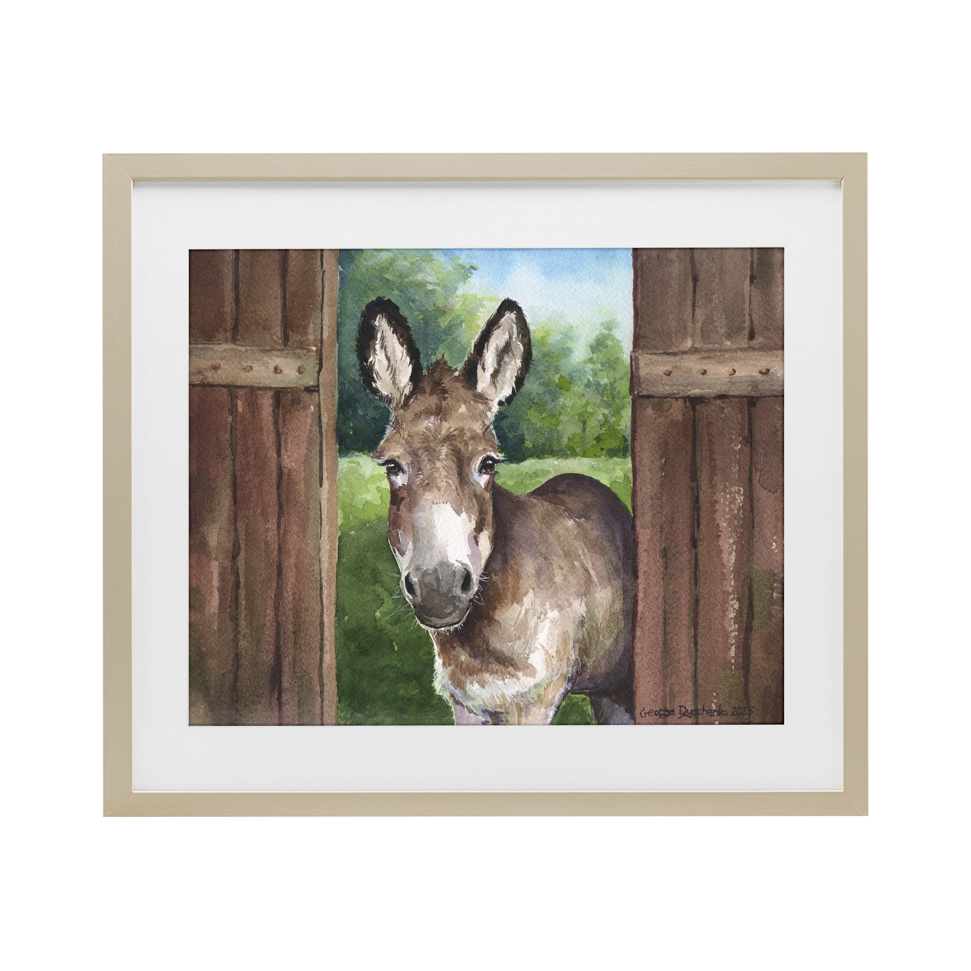 Stupell Industries Donkey in Wooden Gate Birch Framed Print Under Glass, design by George Dyachenko