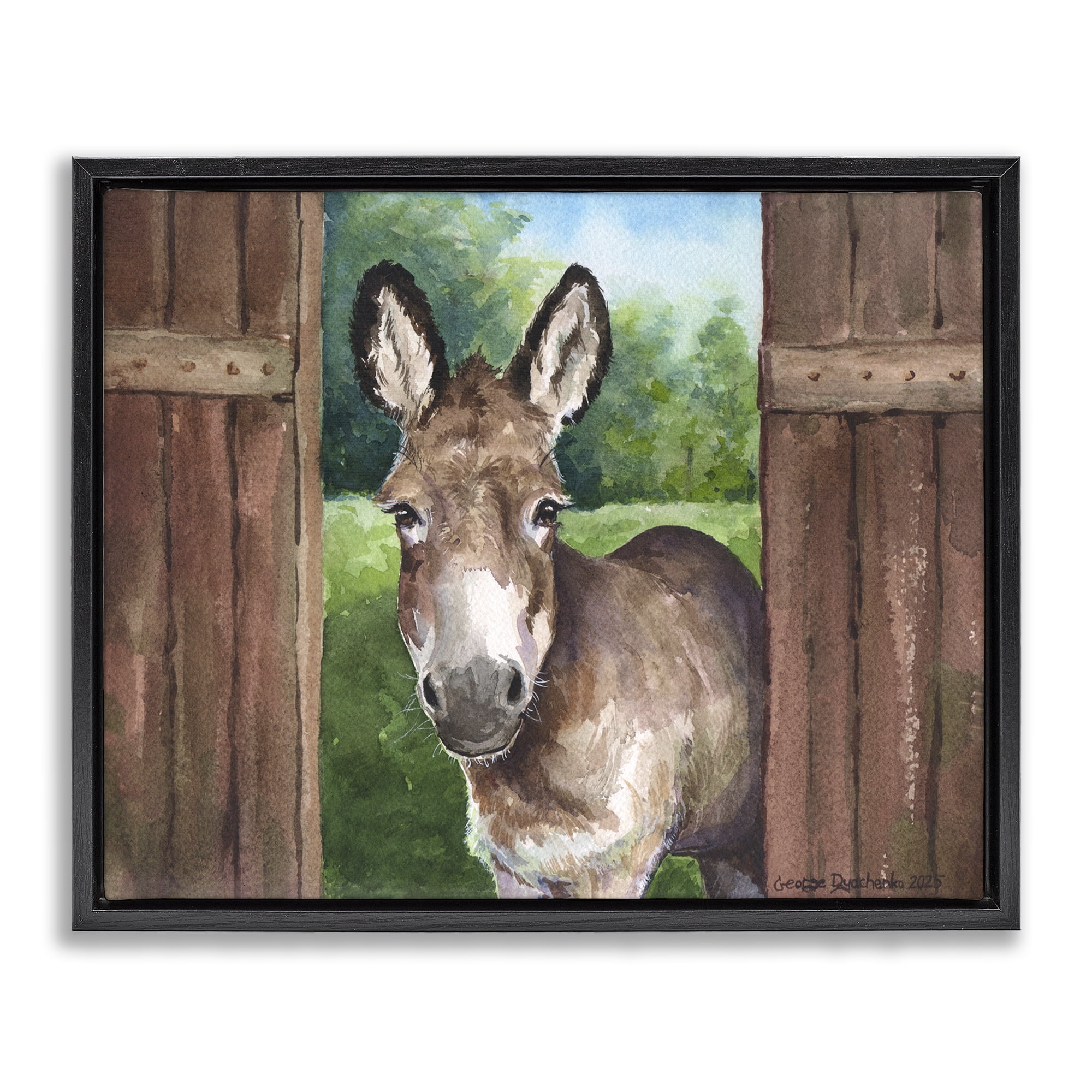 Stupell Industries Donkey in Wooden Gate Black Framed Floater Canvas Wall Art, design by George Dyachenko