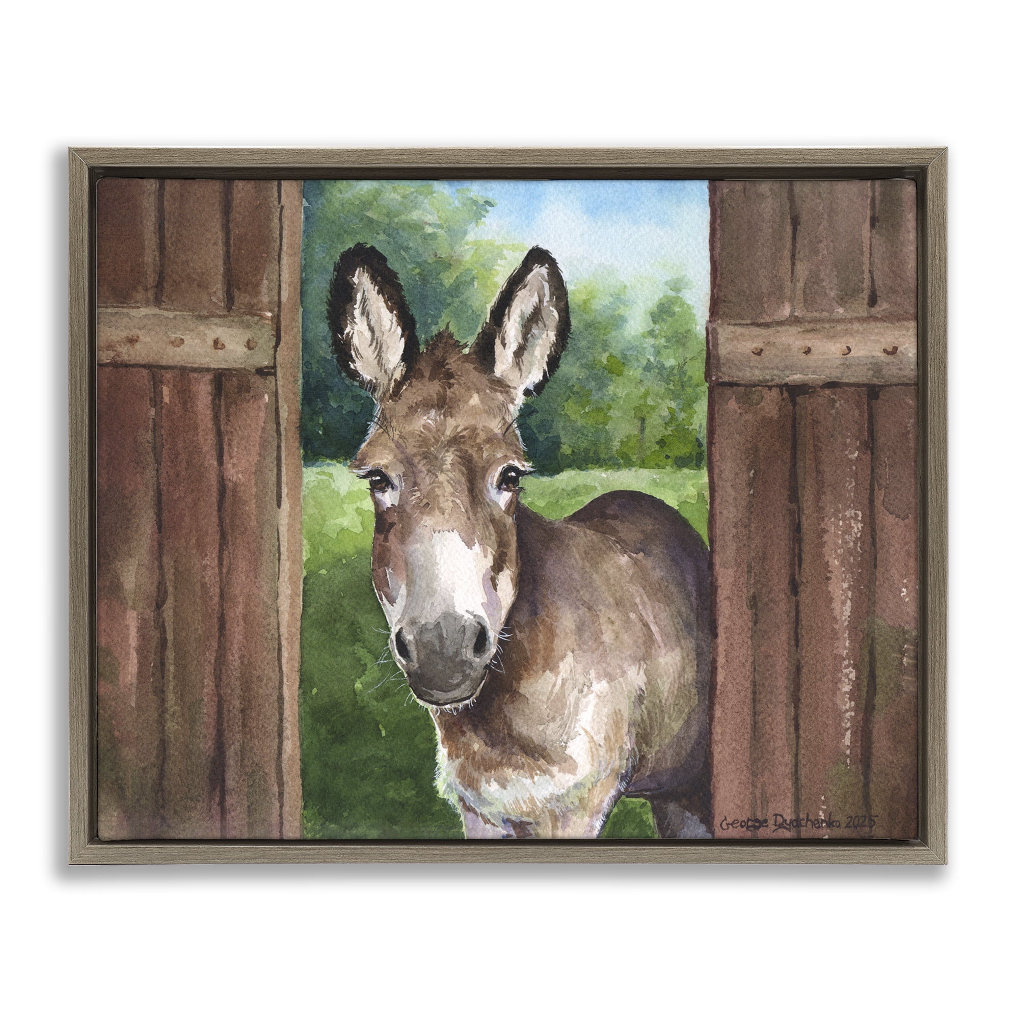 Stupell Industries Donkey in Wooden Gate Brown Framed Floater Canvas Wall Art, design by George Dyachenko
