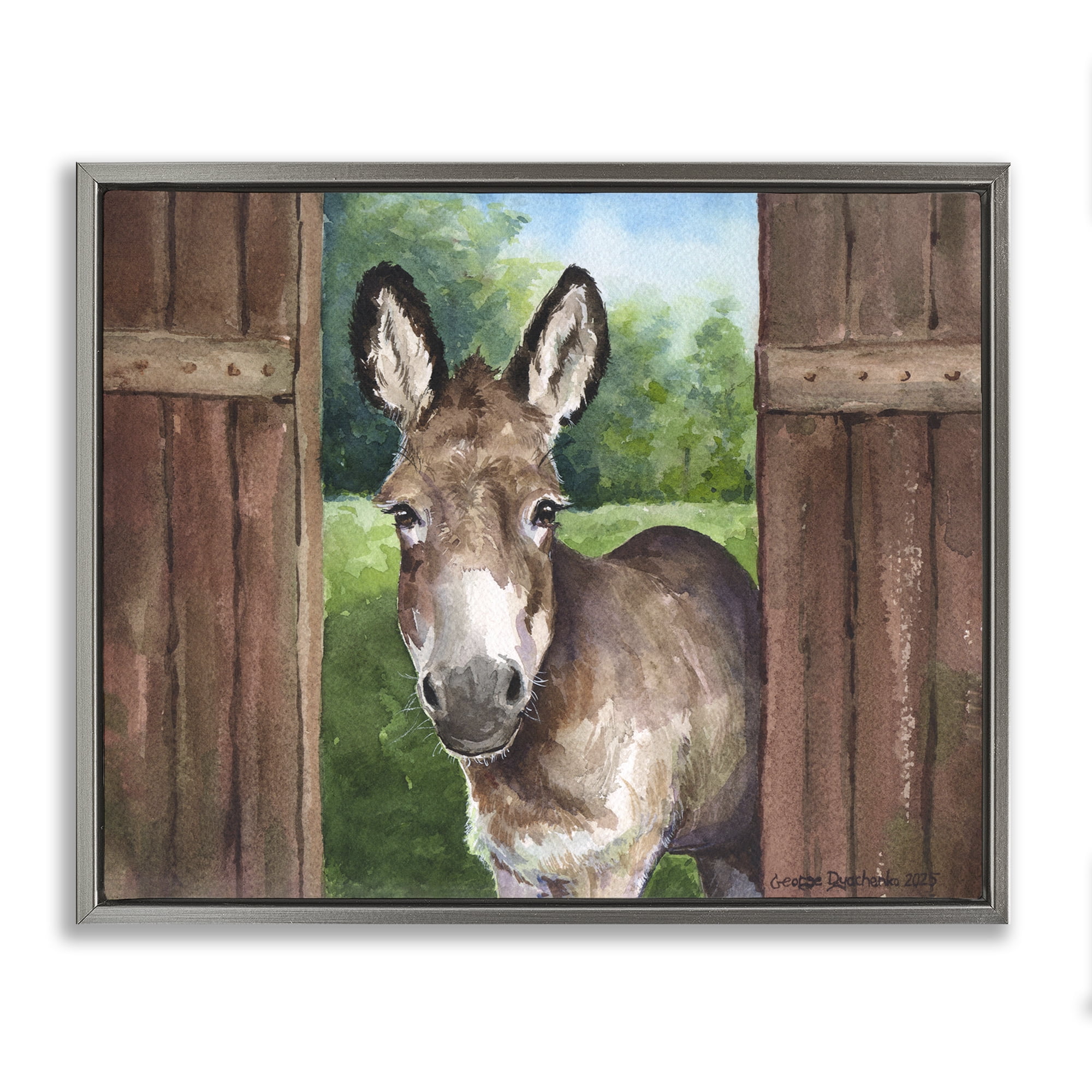 Stupell Industries Donkey in Wooden Gate Gray Framed Floater Canvas Wall Art, design by George Dyachenko