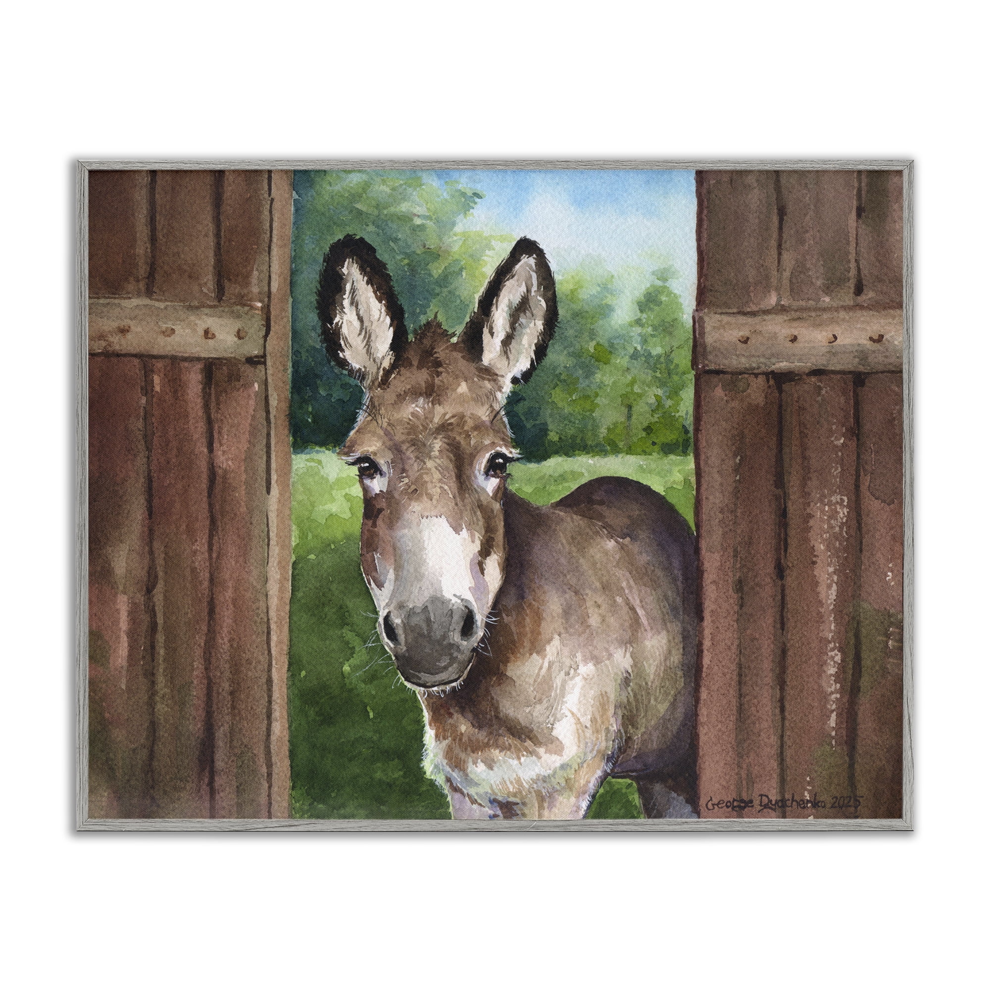 Stupell Industries Donkey in Wooden Gate Gray Framed Giclee Art, design by George Dyachenko