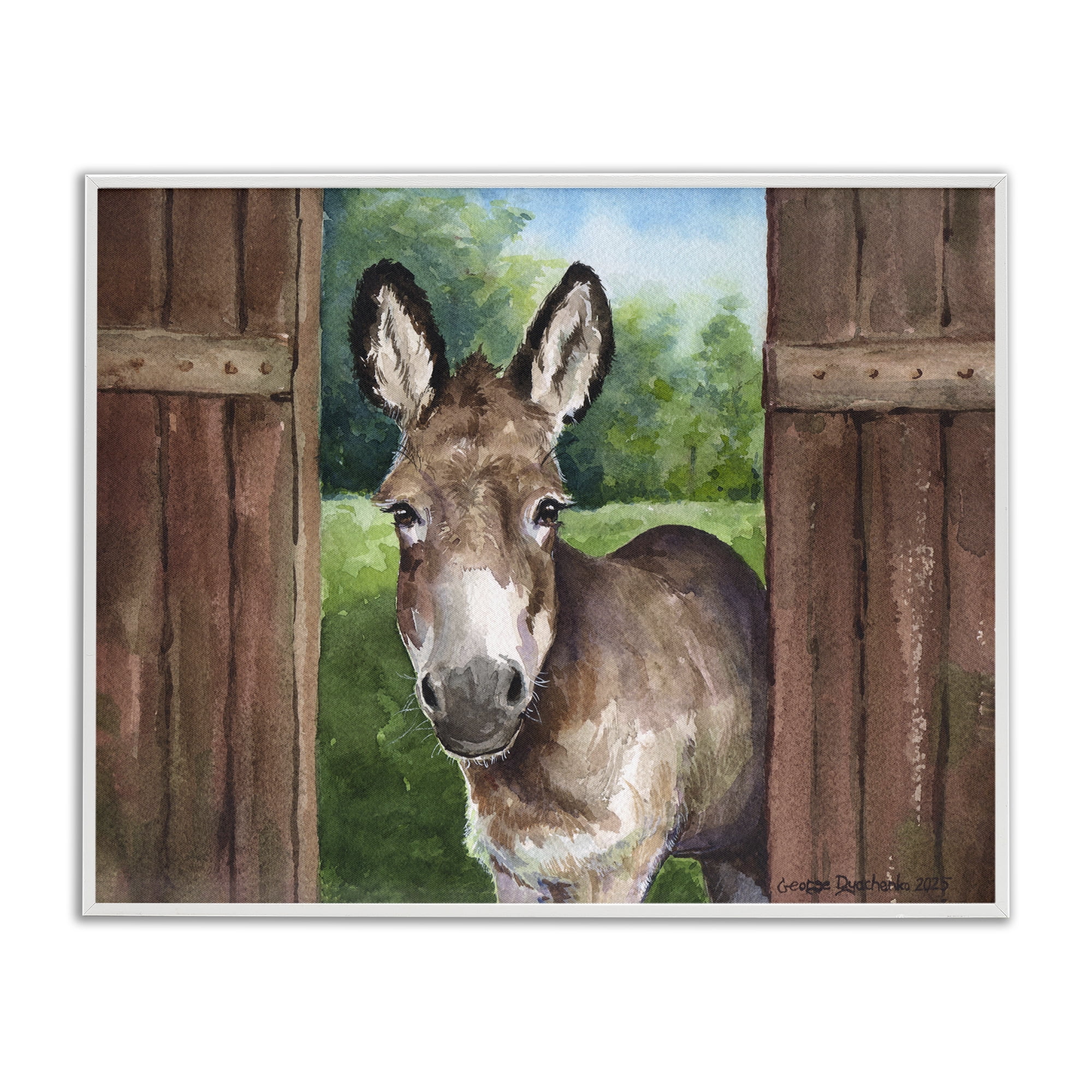 Stupell Industries Donkey in Wooden Gate White Framed Giclee Art, design by George Dyachenko