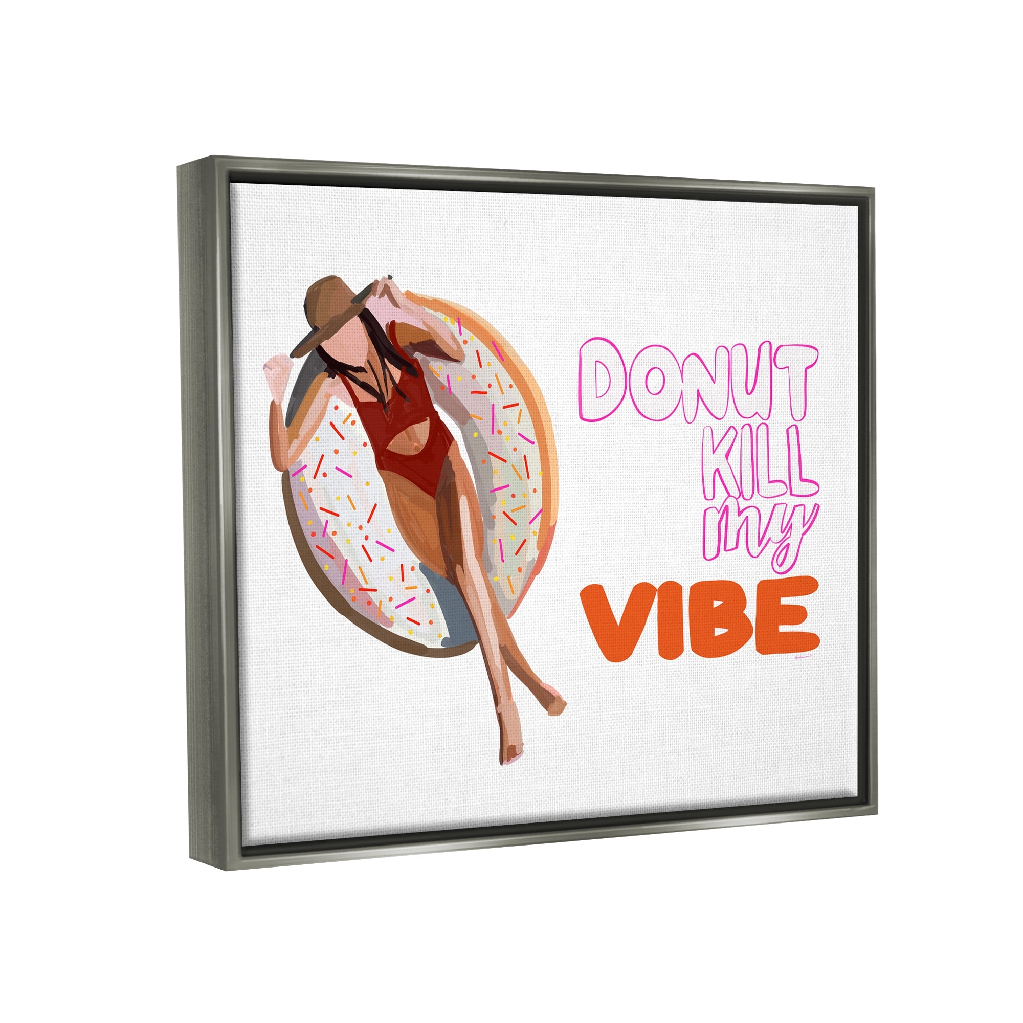 Stupell Industries Donut Kill My Vibe Relaxing Pool Float Girl Graphic Art Luster Gray Floating Framed Canvas Print Wall Art, Design by Amelia Noyes