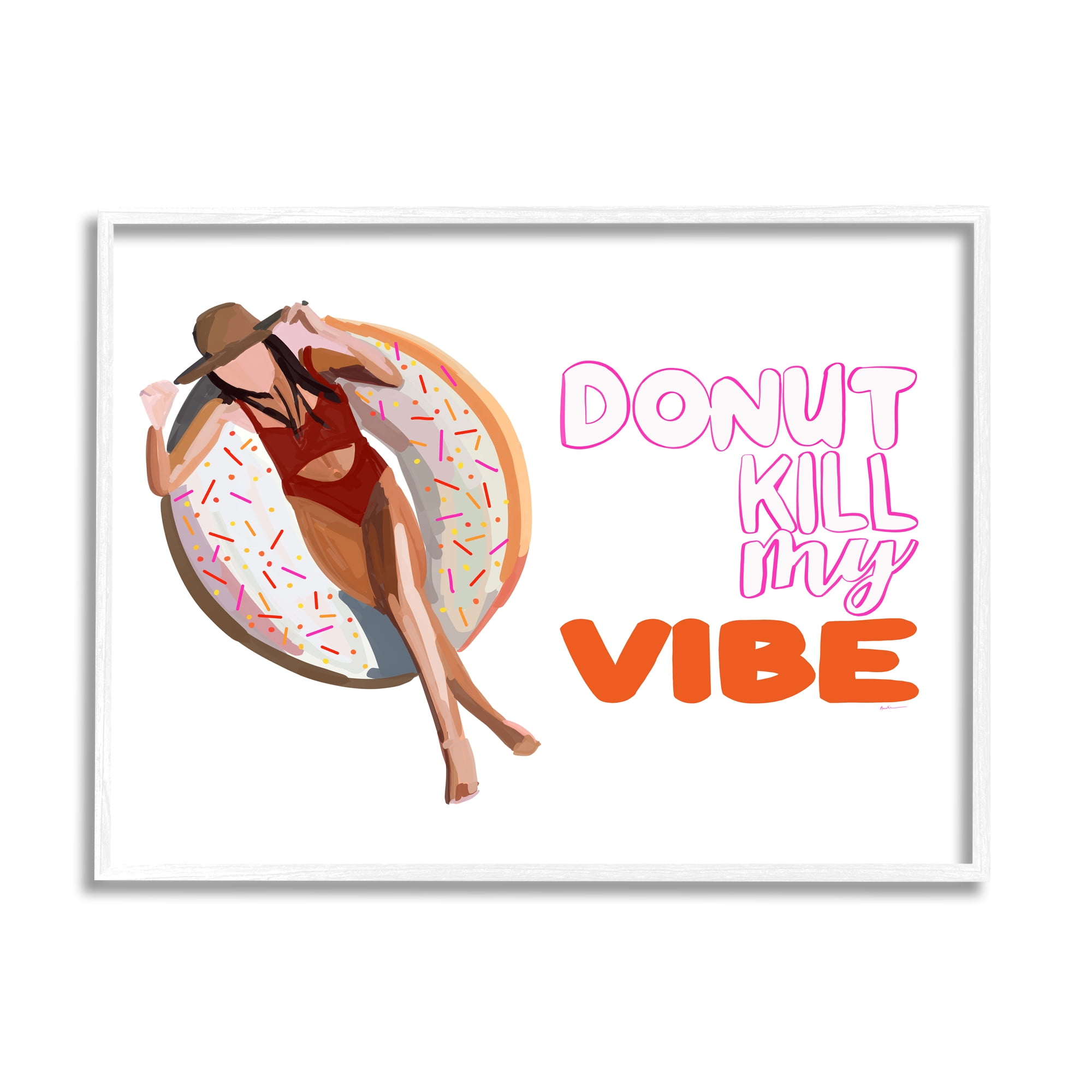 Stupell Industries Donut Kill My Vibe Relaxing Pool Float Girl Graphic Art White Framed Art Print Wall Art, Design by Amelia Noyes
