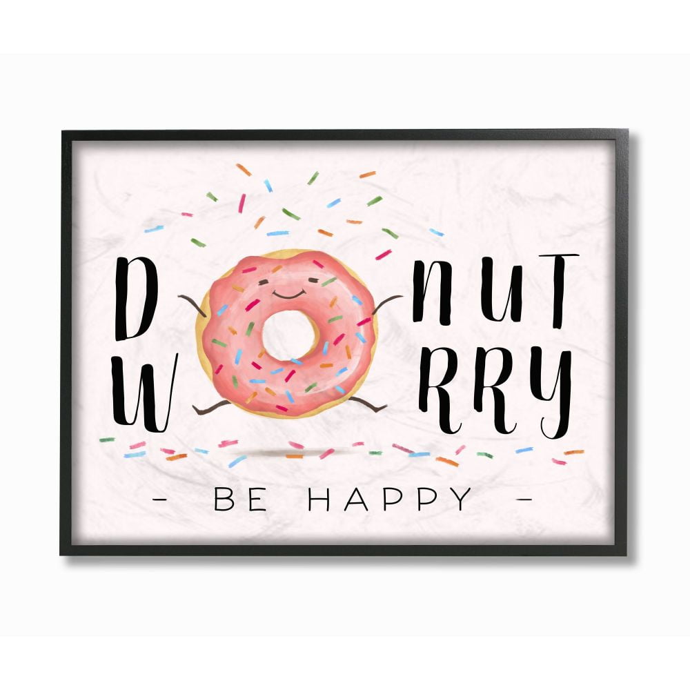 Stupell Industries Donut Worry Happy Pink Cartoon Word Design Framed Wall Art by Ziwei Li