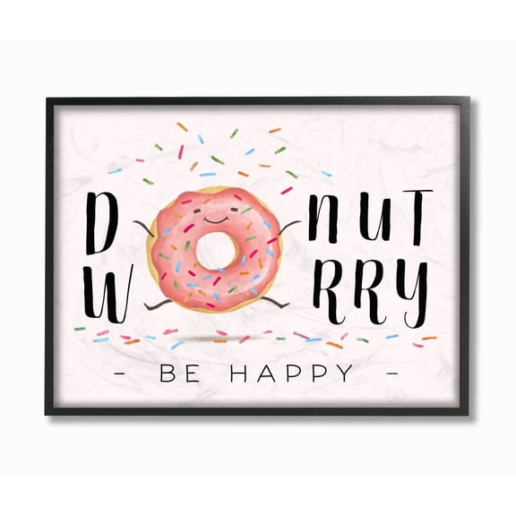 Stupell Industries Donut Worry Happy Pink Cartoon Word Design Framed Wall Art by Ziwei Li