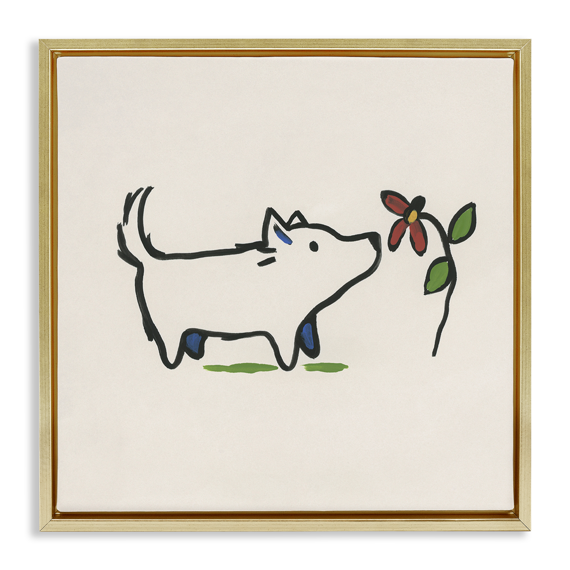 Stupell Industries Doodle Dog & Flower Plants & Flowers Painting Gold Floater Framed Canvas Art Print Wall Art, 18 x 18