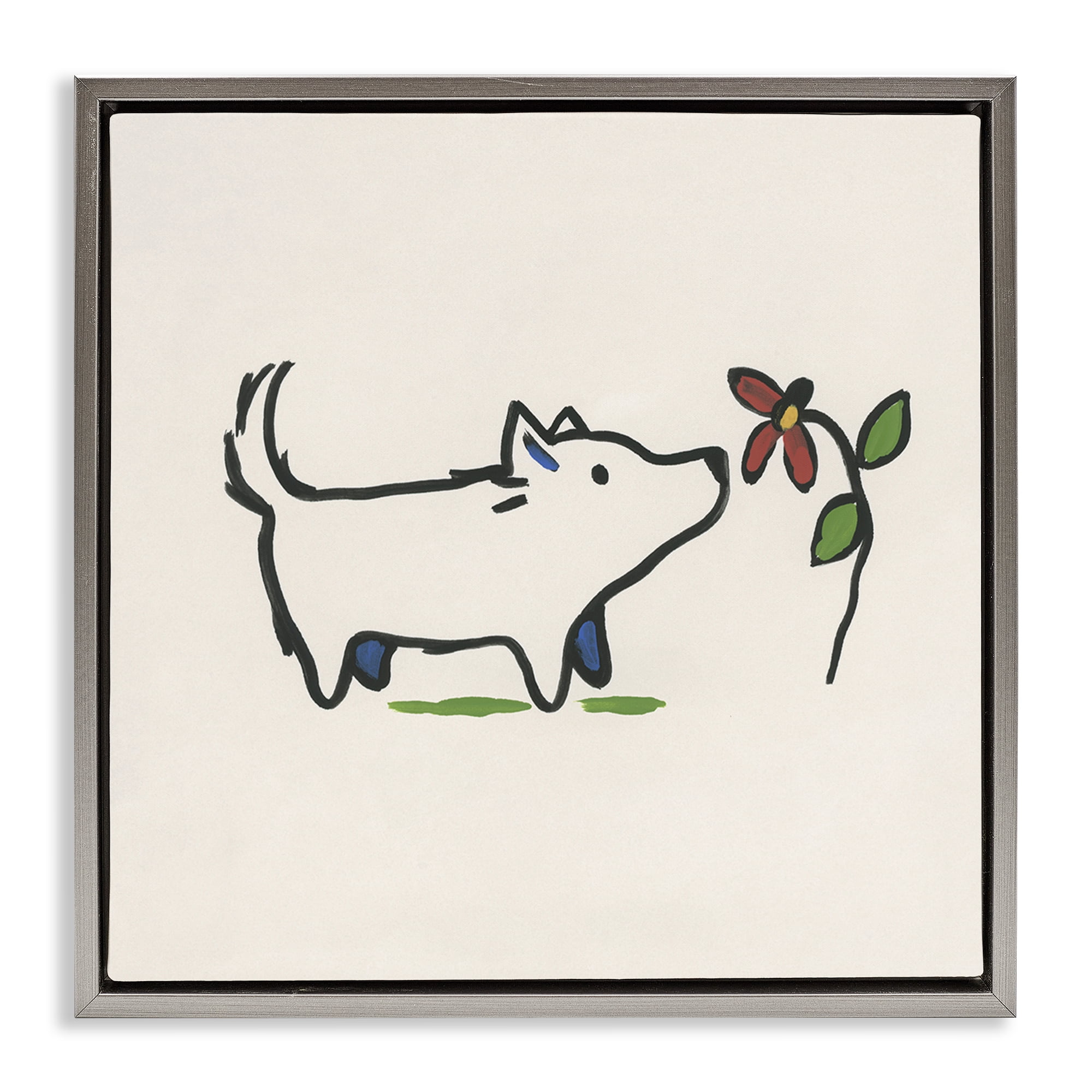 Stupell Industries Doodle Dog & Flower Plants & Flowers Painting Gray Floater Framed Canvas Art Print Wall Art, 25 x 25