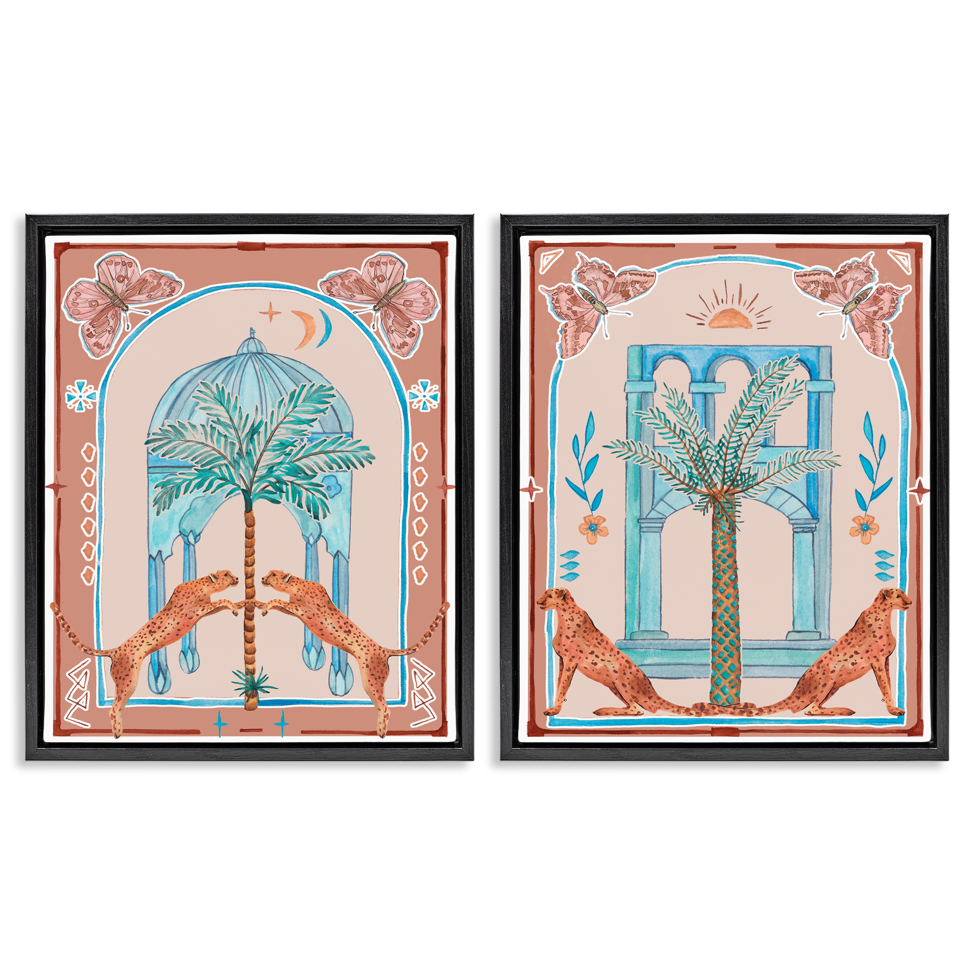 Stupell Industries Doorway Cheetah Palms Buildings & Architecture Painting Black Floater Framed Canvas Art Print Wall Art, 31 x 25, Set of 2