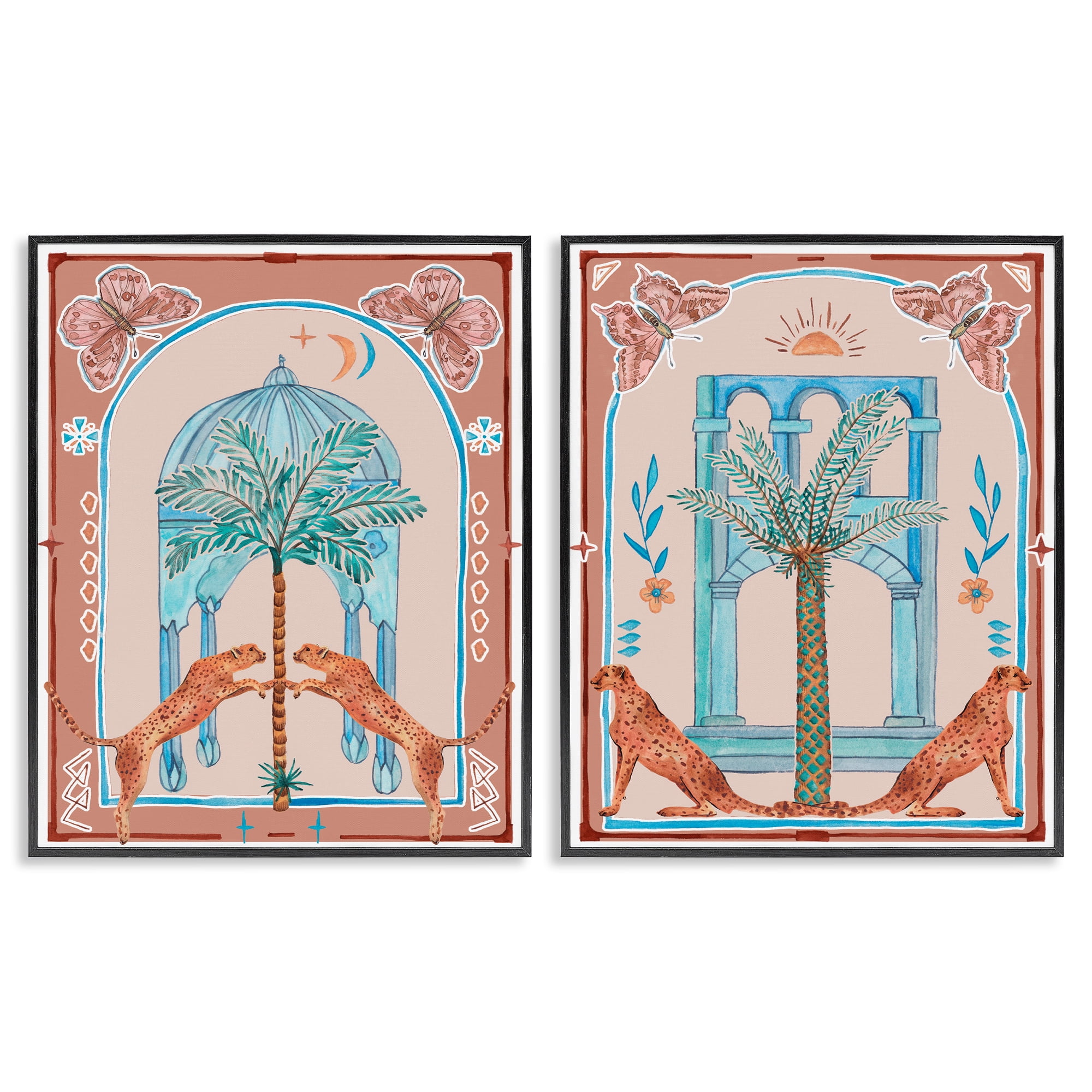 Stupell Industries Doorway Cheetah Palms Buildings & Architecture Painting Black Framed Art Print Wall Art, 11 x 14, Set of 2